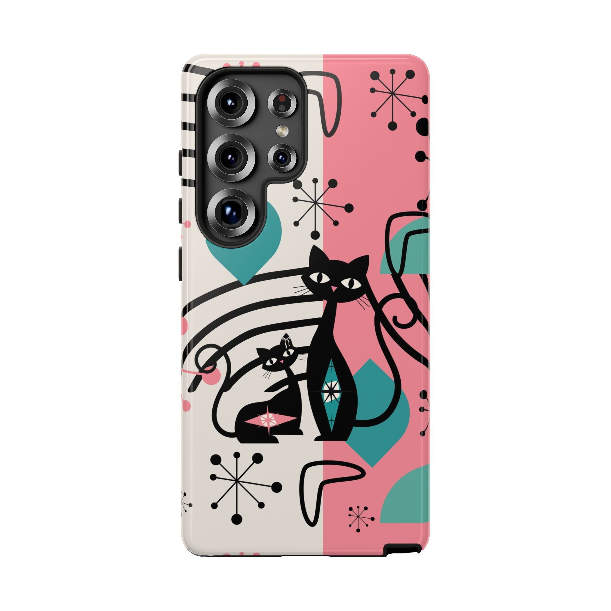 Mid Mod Atomic Cat Boomerang Starburst, Pink, Black Kitschy Stylish Cat Phone Case: Modern Design for Cat Lovers