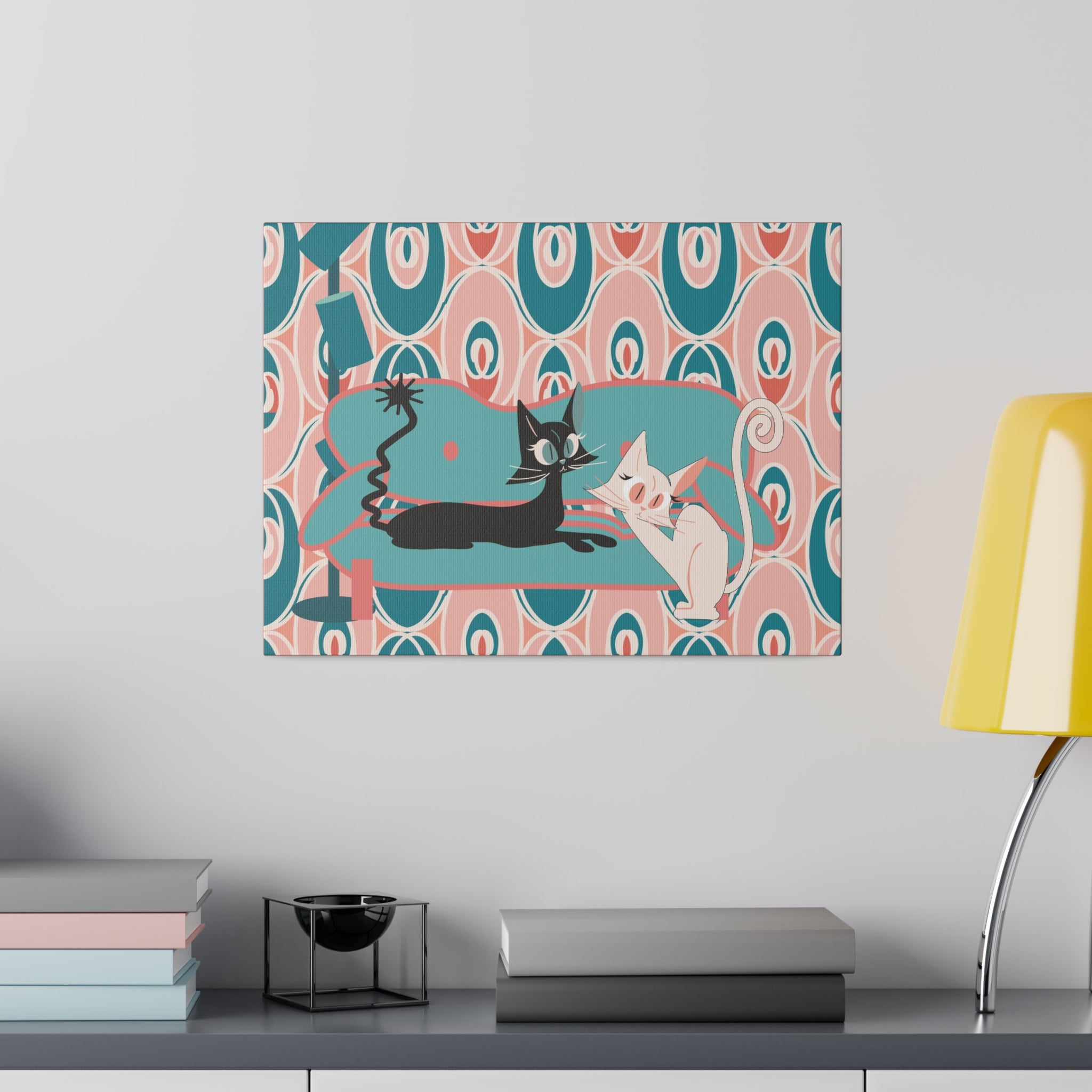 Atomic Cat Wall Art, Teak, Pink, Mid Century Modern Wall Art - Mid Century Modern Gal