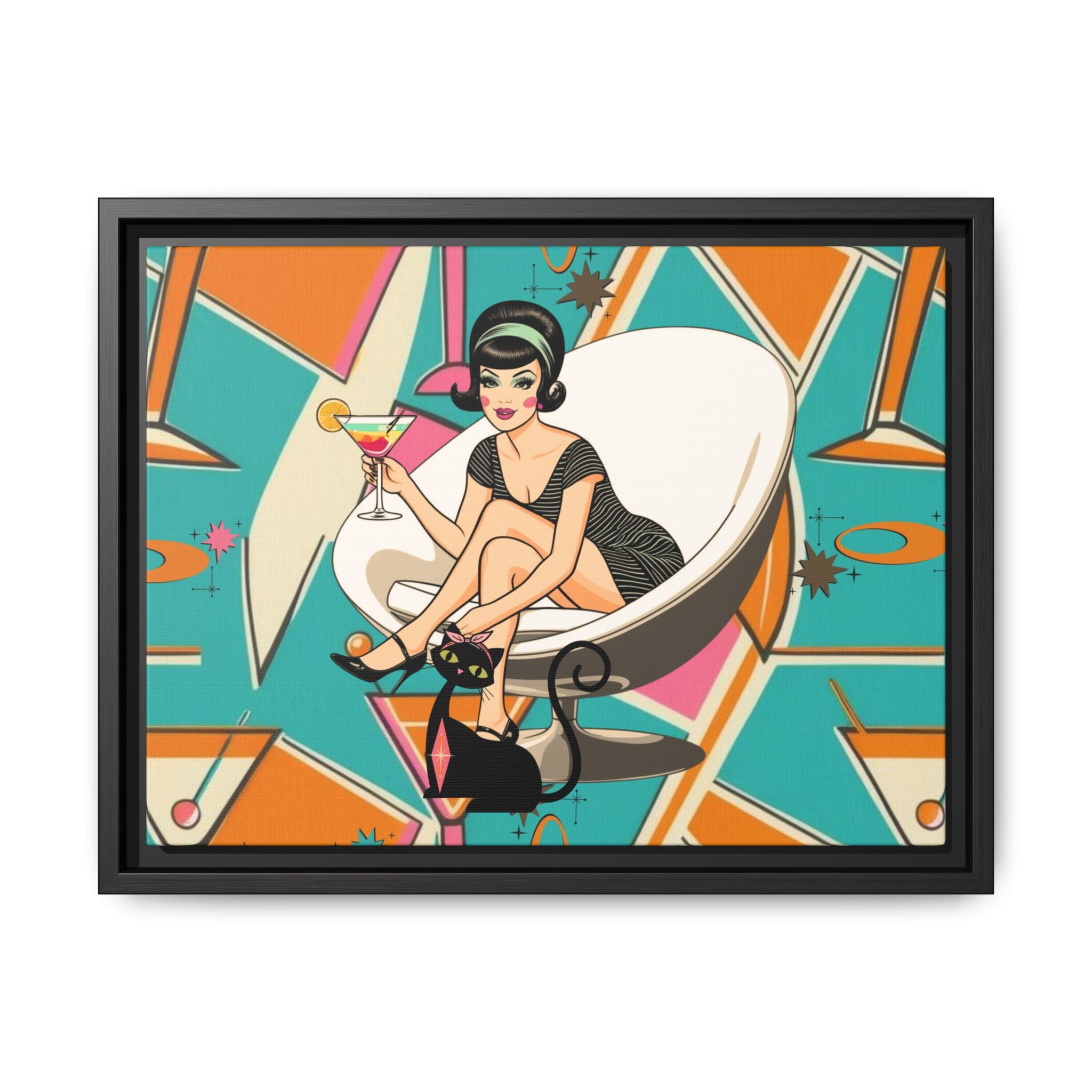 Mid Mod 60s Gal, Atomic Cat Barware Wall Art - Framed Matte Canvas with Vintage Cocktail And Retro Cat Design - Mid Century Modern Gal