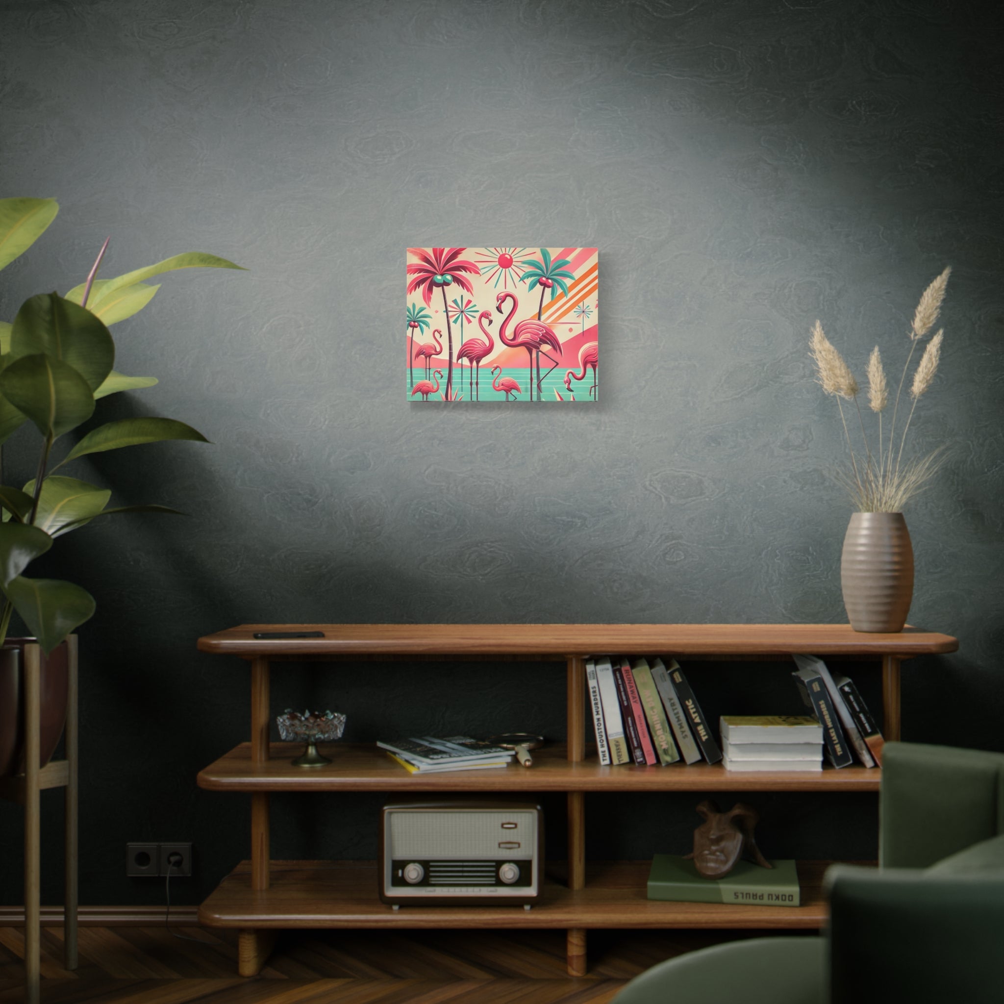 1950s Mid Century Modern Flamingo Art, Kitschy Pink, Teal, MCM Matte Canvas - Mid Century Modern Gal