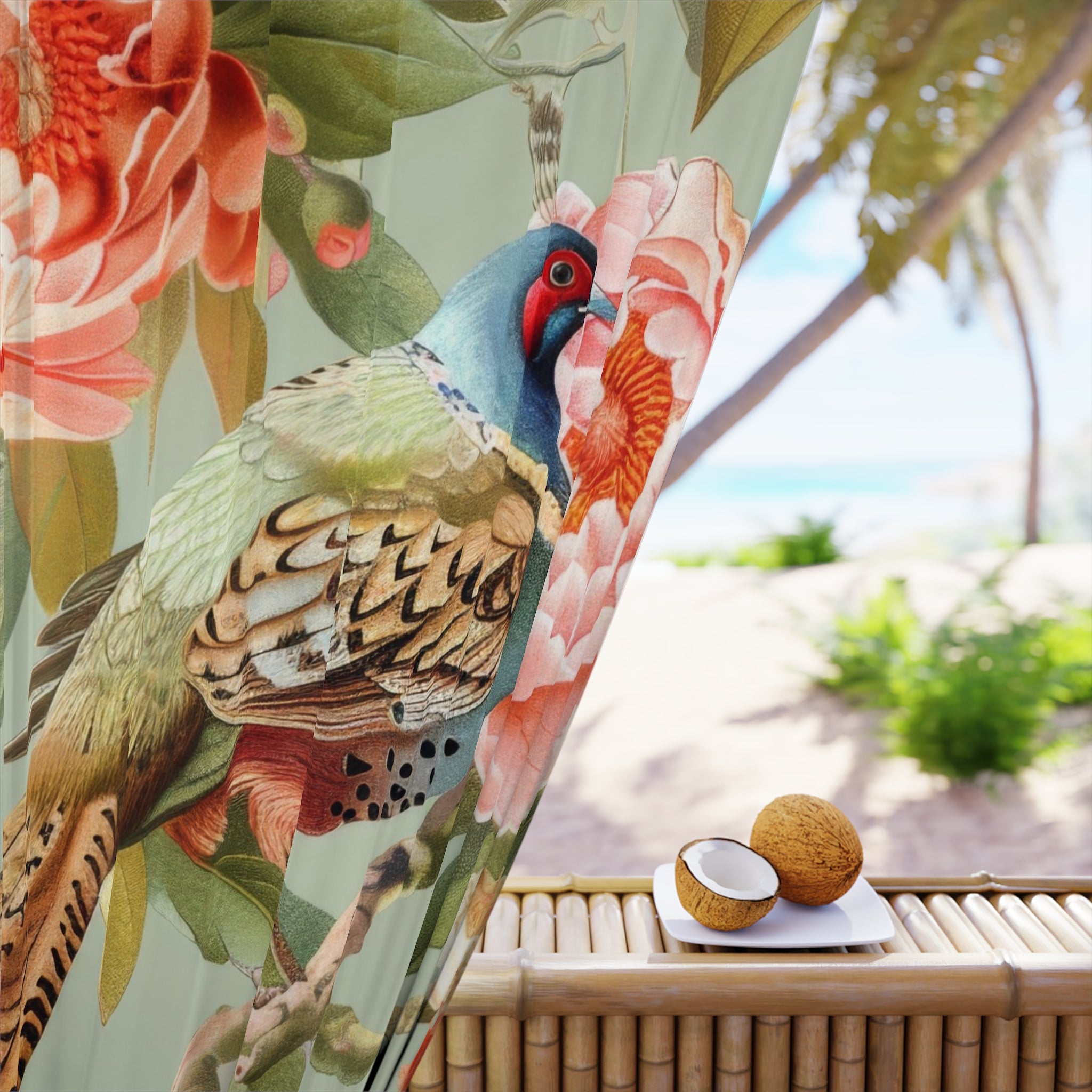 Chinoiserie Window Curtain Elegant Floral Pheasant Bird Window Curtain - 1 Piece, Boho Home Decor - Mid Century Modern Gal