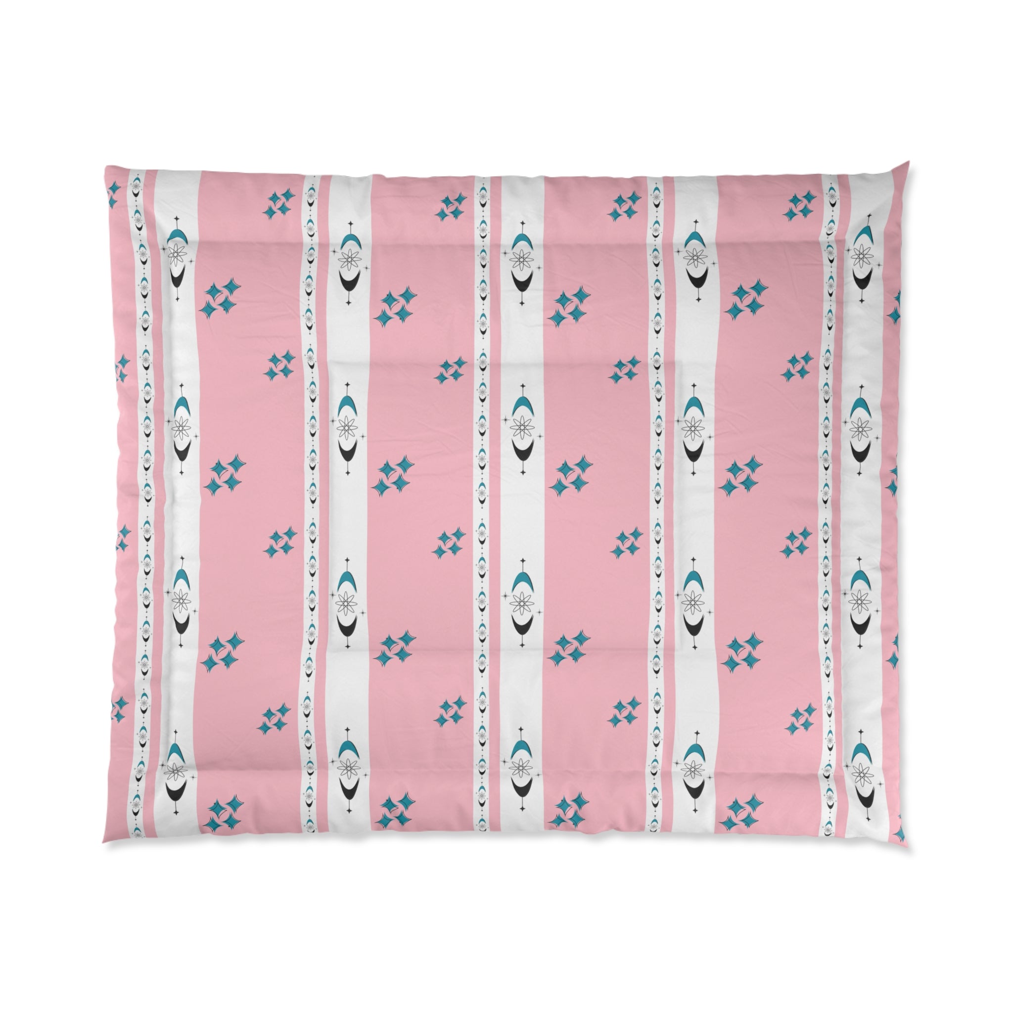 Atomic 50s Pink, Starbursts, Mid ModChic Comforter with Pink and Teal Pattern for Cozy Bedrooms - Mid Century Modern Gal