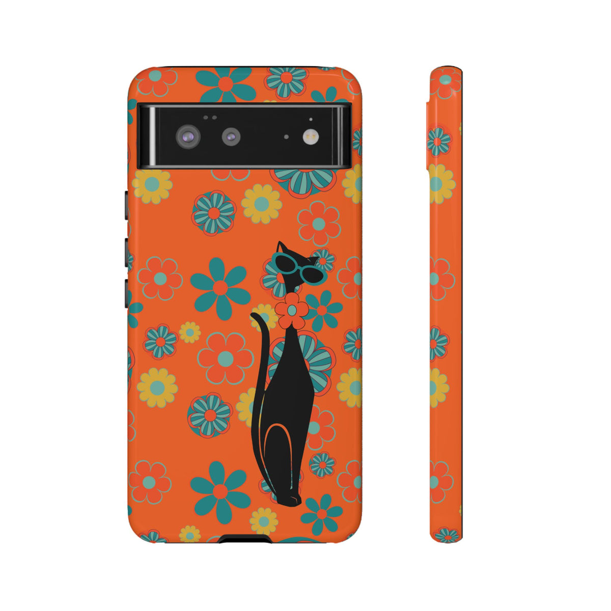 Flower Power, Retro Groovy Atomic Cat, Hipster Style Orange Samsung Galaxy and Google Pixel Tough Cases - Mid Century Modern Gal