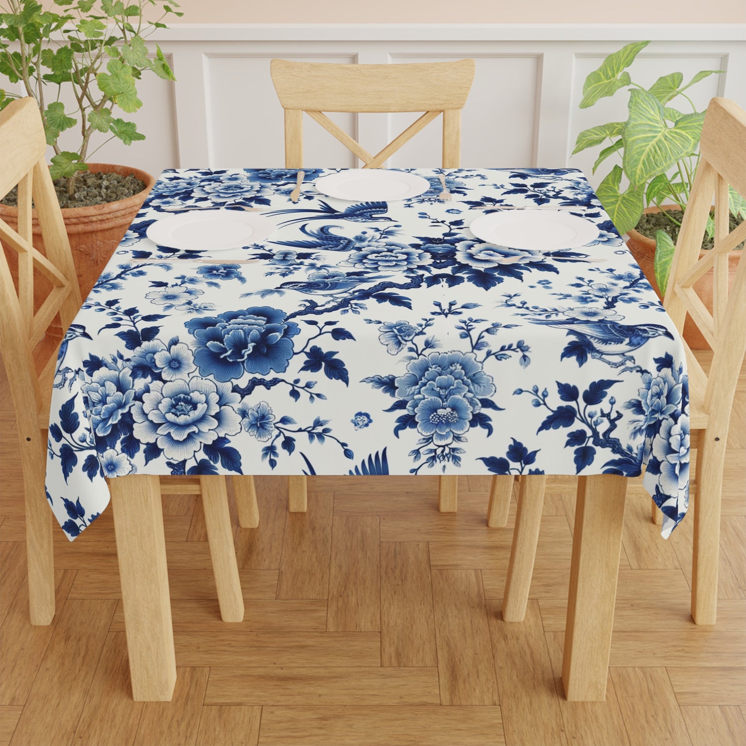 Chinoiserie Blue Willow, Floral Blue, Birds Tablecloth, Asian Infused, Elegant Table Linens - Mid Century Modern Gal