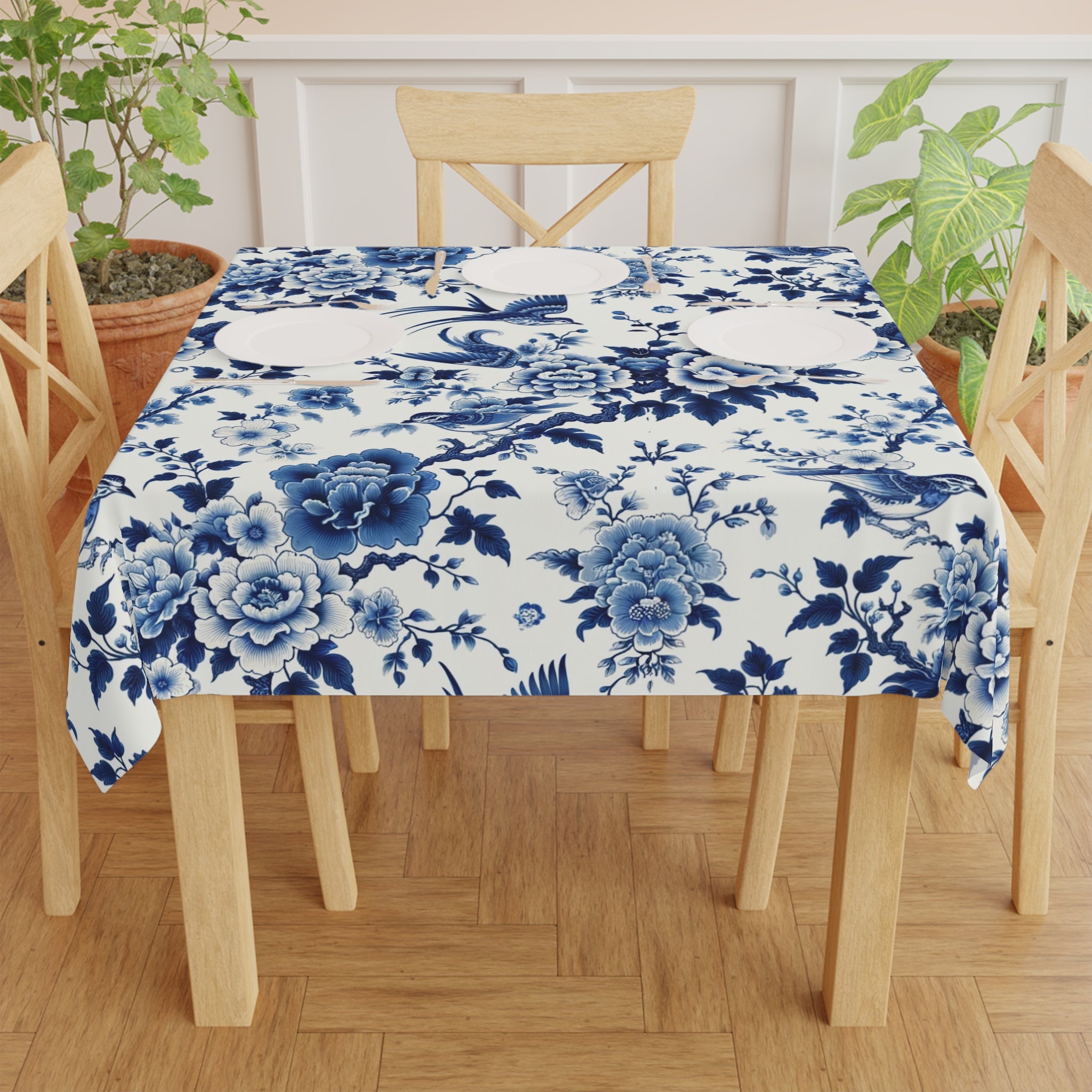 Chinoiserie Blue Willow, Floral Blue, Birds Tablecloth, Asian Infused, Elegant Table Linens - Mid Century Modern Gal