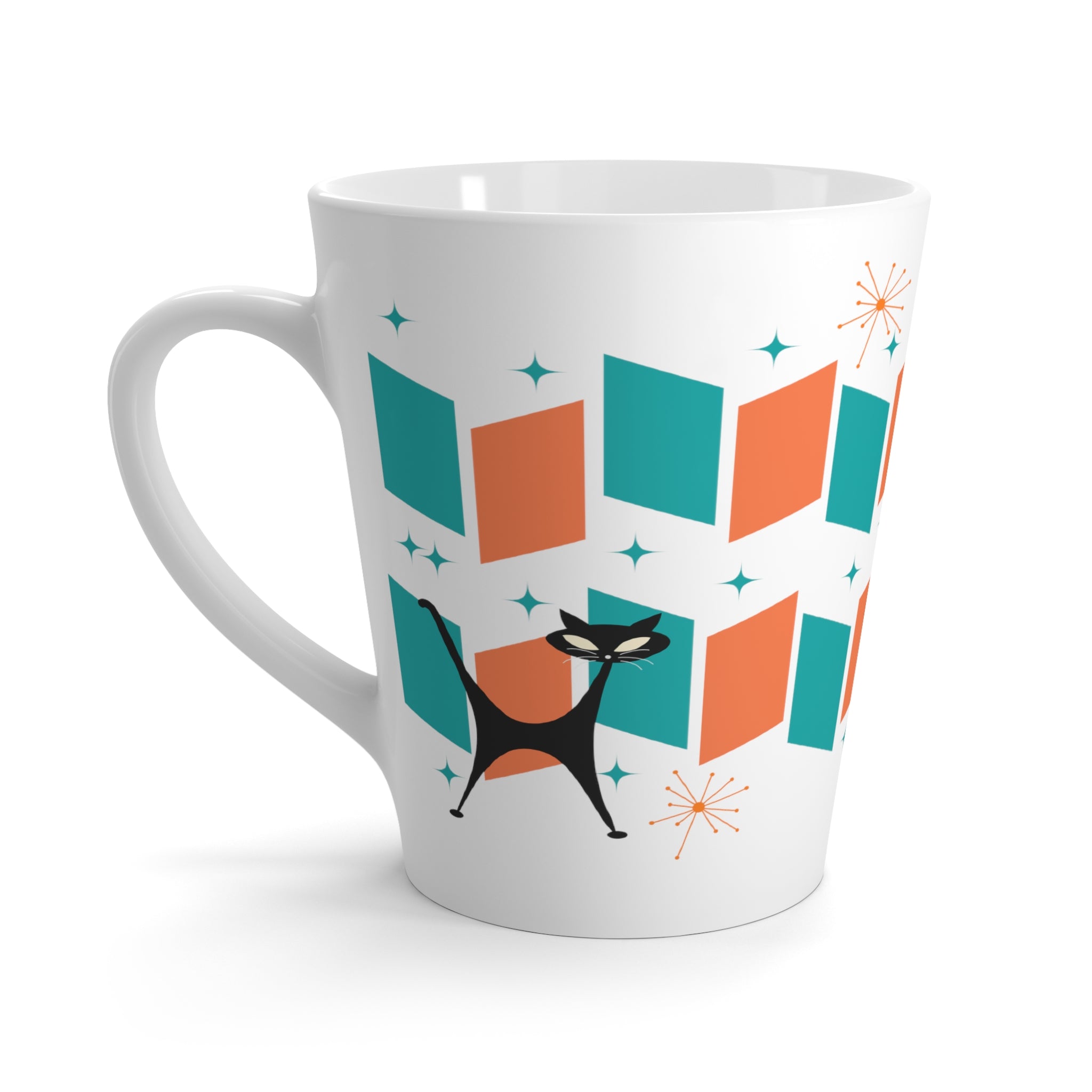 Atomic Cat Latte Mug, Mod Orange, Teal, Retro Kitchenware Mug - Mid Century Modern Gal