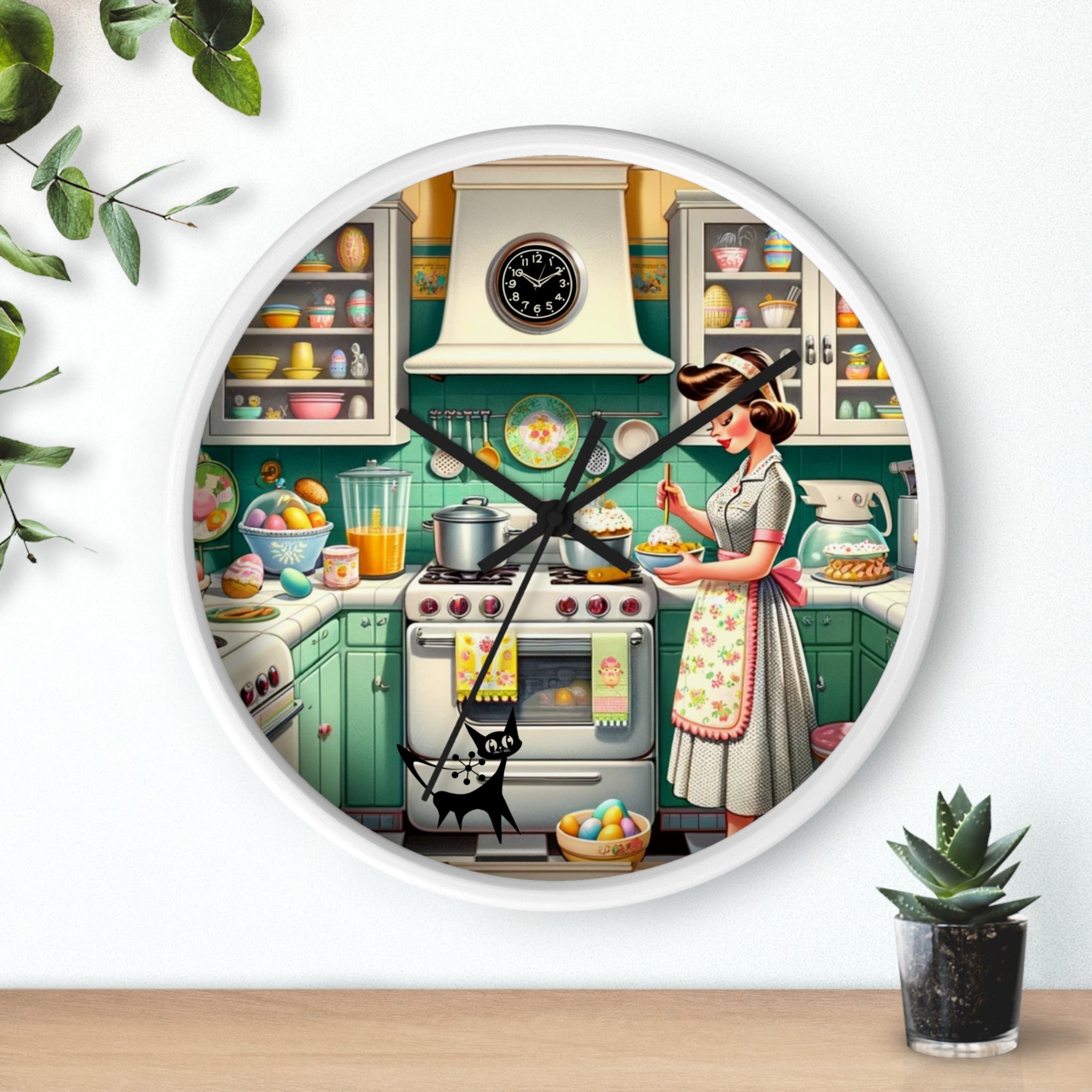 Vintage Kitschy Designed Mid Mod Gal Atomic Cat, Spring Wall Clock with Retro Cooking Design - Mid Century Modern Gal