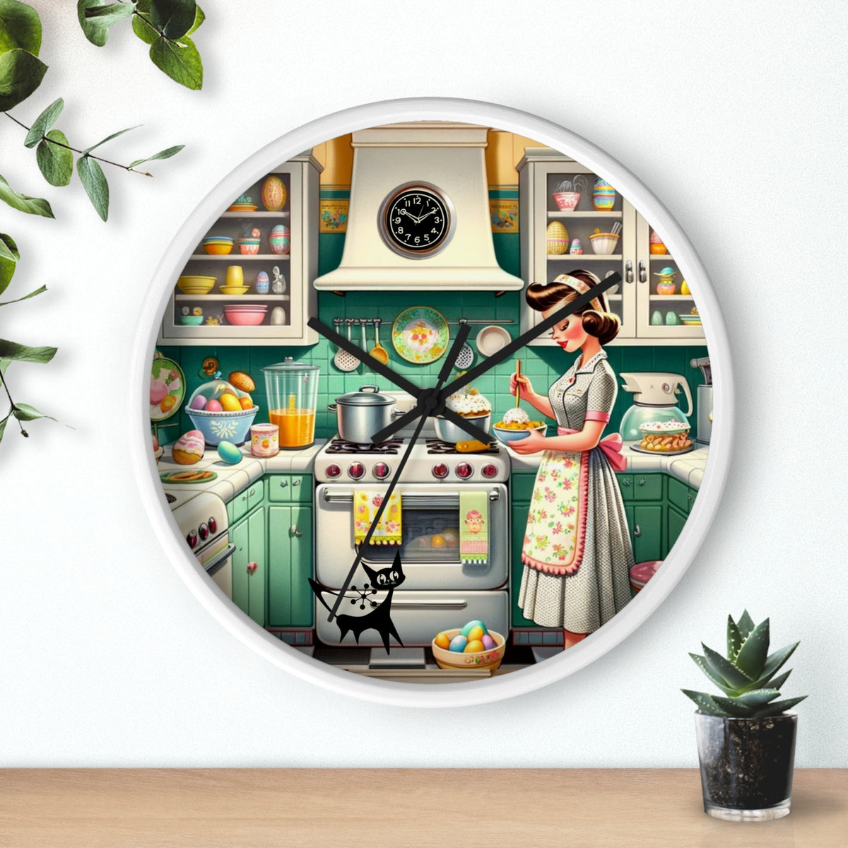 Vintage Kitschy Designed Mid Mod Gal Atomic Cat, Spring Wall Clock with Retro Cooking Design - Mid Century Modern Gal