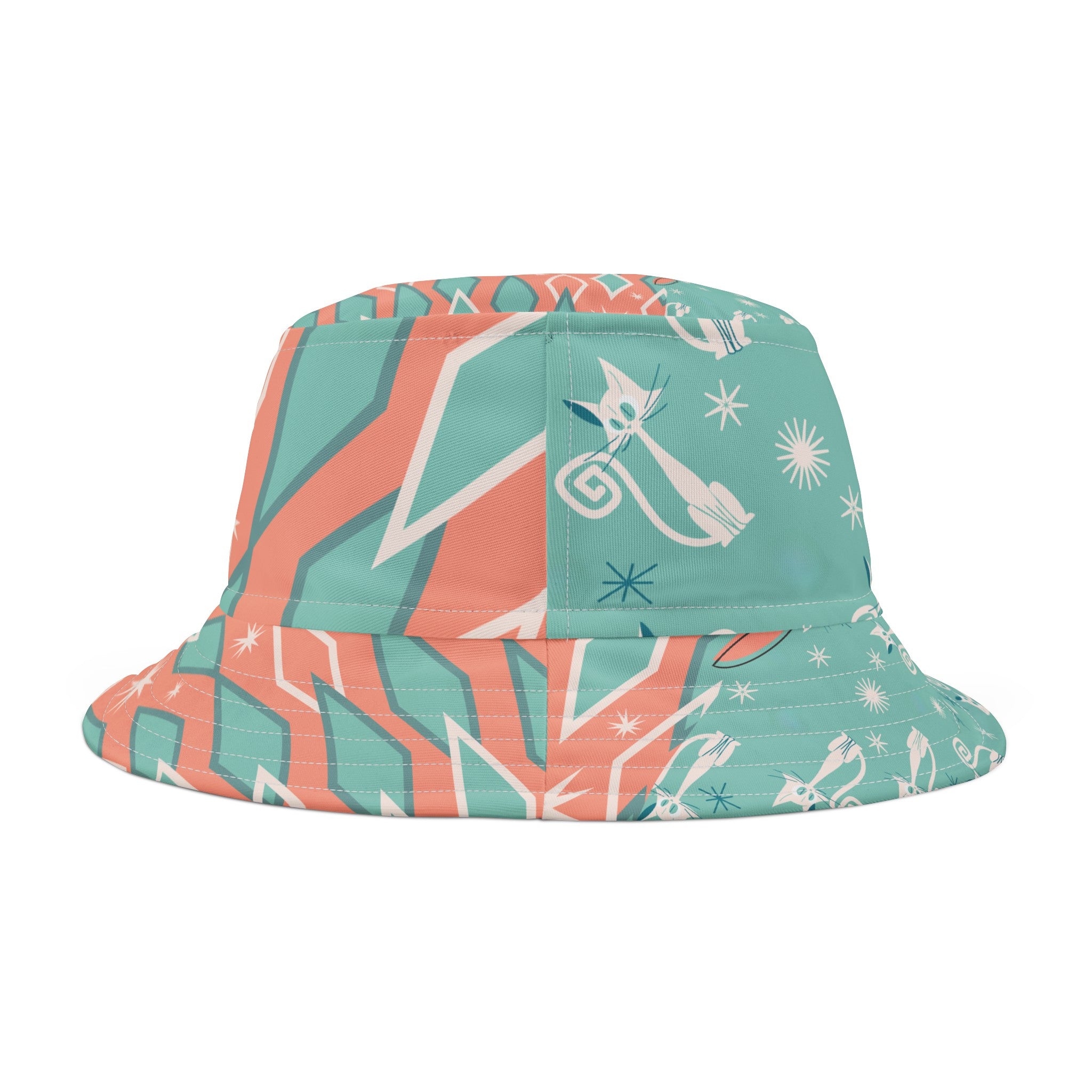 Atomic Kittie Cats, Coral, Aqua, Kitschy Cute Summer Mid Mod Retro Bucket Hat - Mid Century Modern Gal