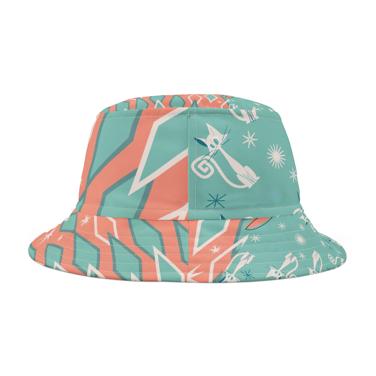 Atomic Kittie Cats, Coral, Aqua, Kitschy Cute Summer Mid Mod Retro Bucket Hat - Mid Century Modern Gal