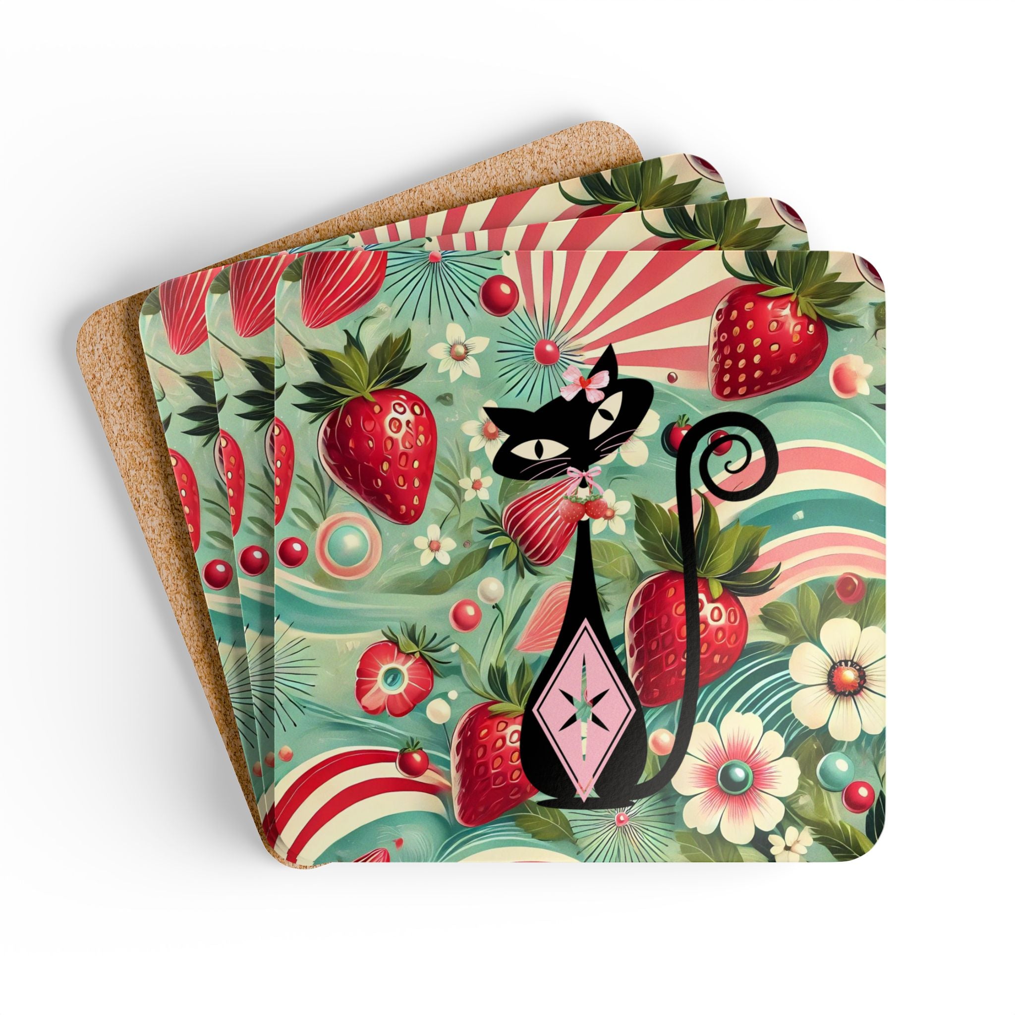 Atomic Cat, Whimsical Cat & Strawberry Cork Coaster Set - Fun and Vintage Decor for Home - Mid Century Modern Gal