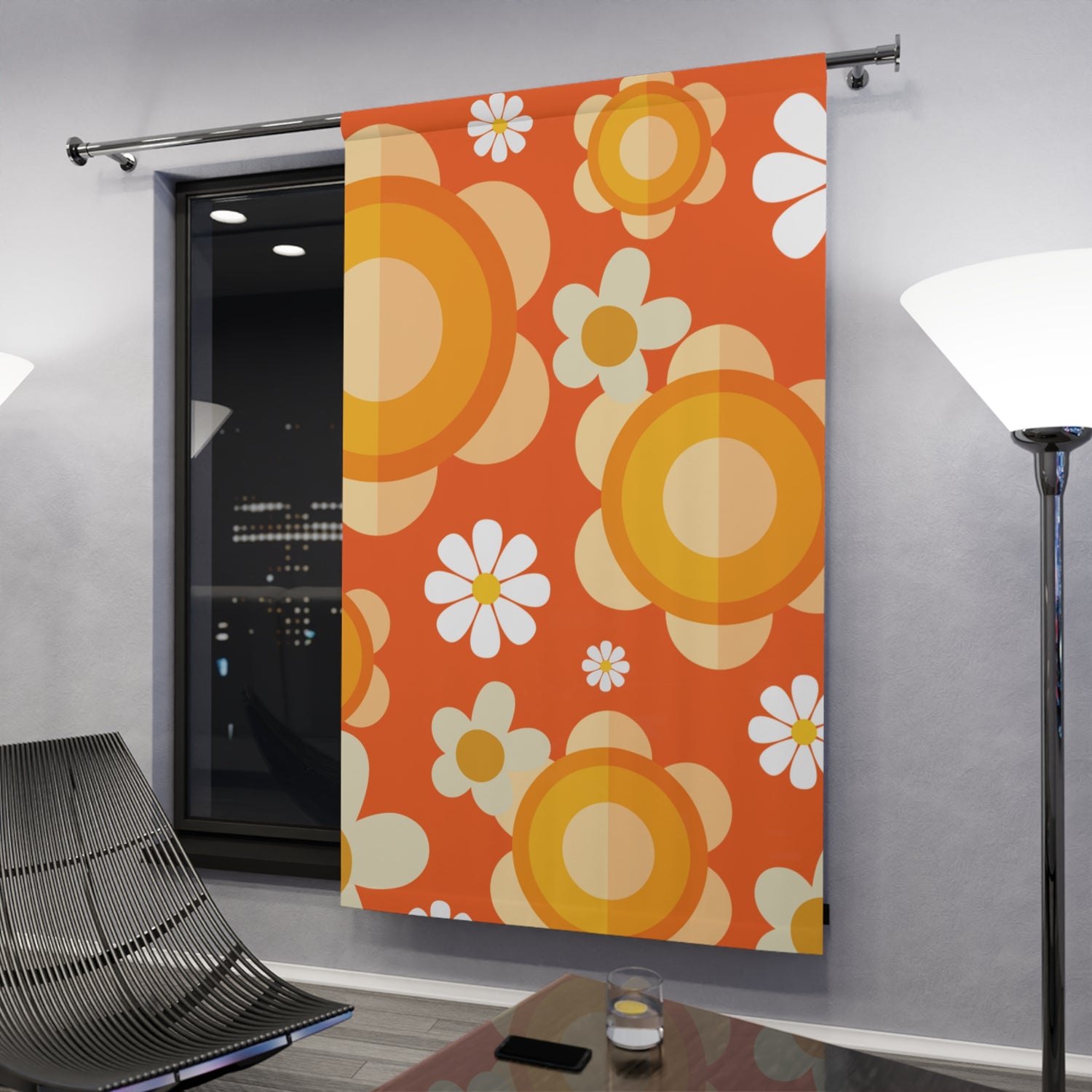 60s Vibes Flower Power Retro Window Curtain, Orange, Yellow, Mod Daisy Hippie Chick Decor - Mid Century Modern Gal
