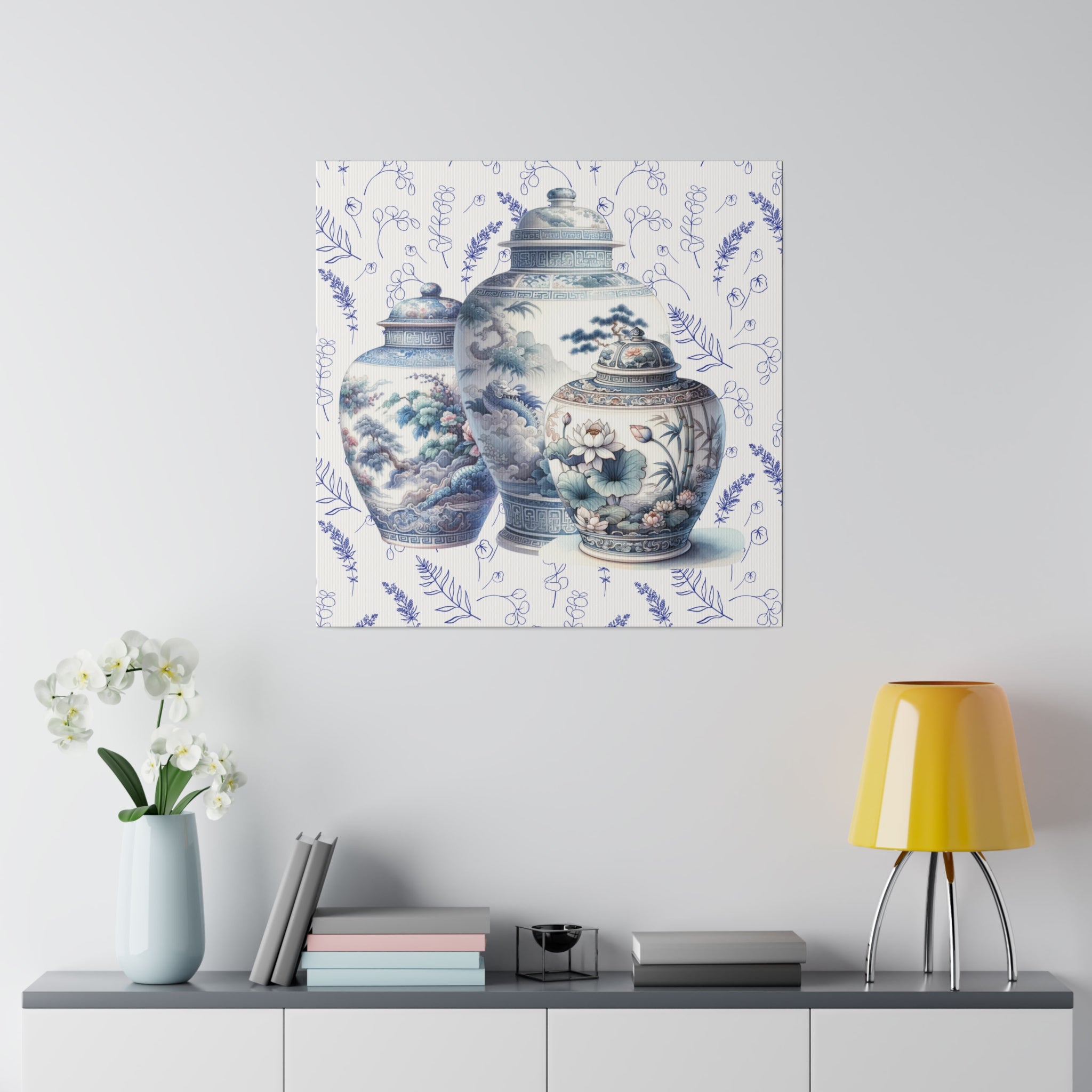 Chinoisere Wall Art, Set Of Three Ginger Jars In Watercolor, Pastels, Southern Home Living, Matte Canvas - Mid Century Modern Gal