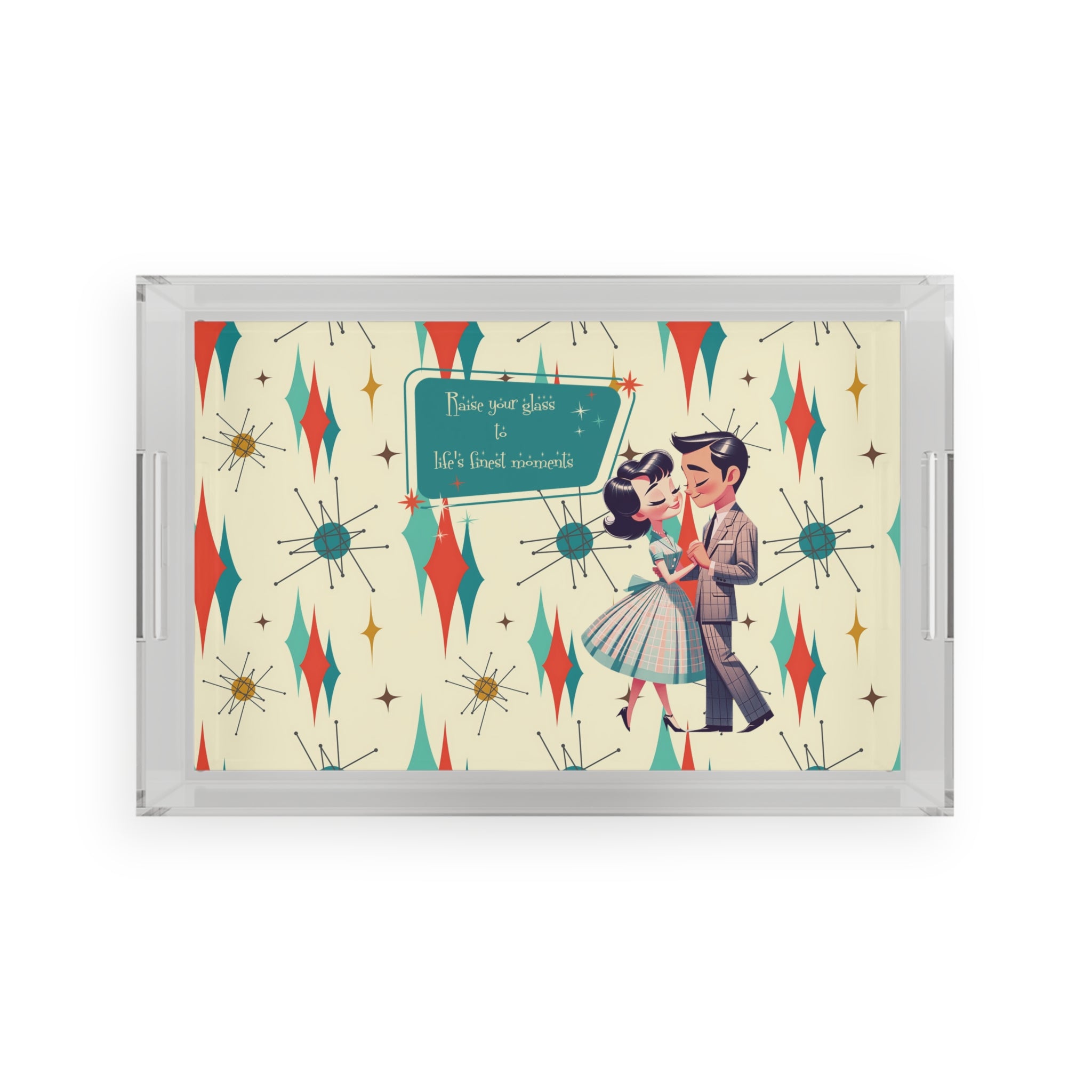 Mid Century Modern Barware, Kitschy 50s Couple, Raise Your Glass Acrylic Serving Tray - Mid Century Modern Gal
