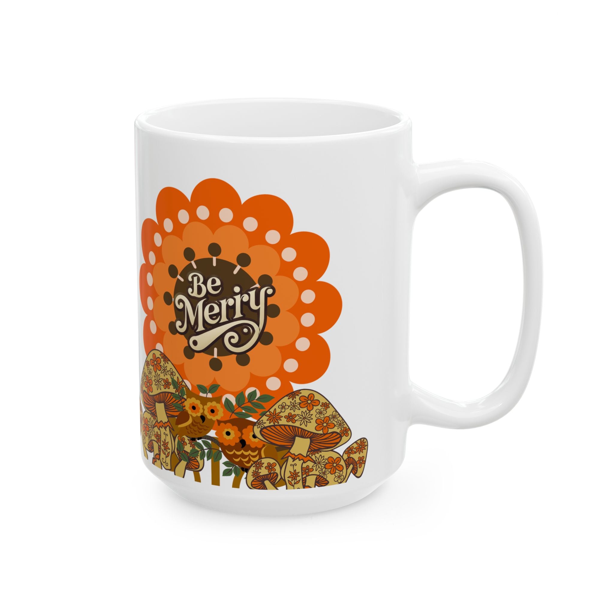 Sears Merry Mushroom, Be Merry 70s Flower Power Groovy Gal Whimsical Floral Ceramic Mug - Mid Century Modern Gal