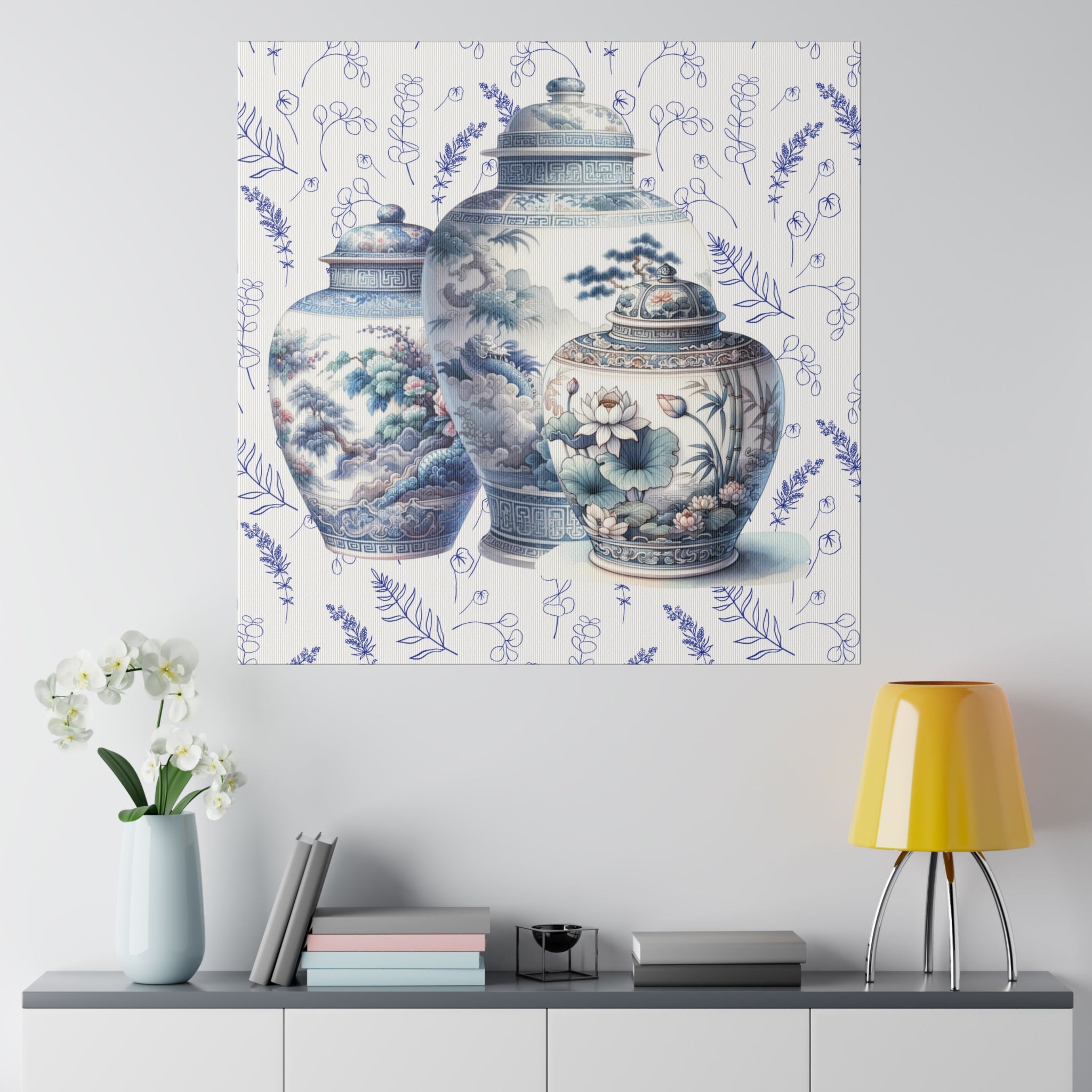 Chinoisere Wall Art, Set Of Three Ginger Jars In Watercolor, Pastels, Southern Home Living, Matte Canvas - Mid Century Modern Gal