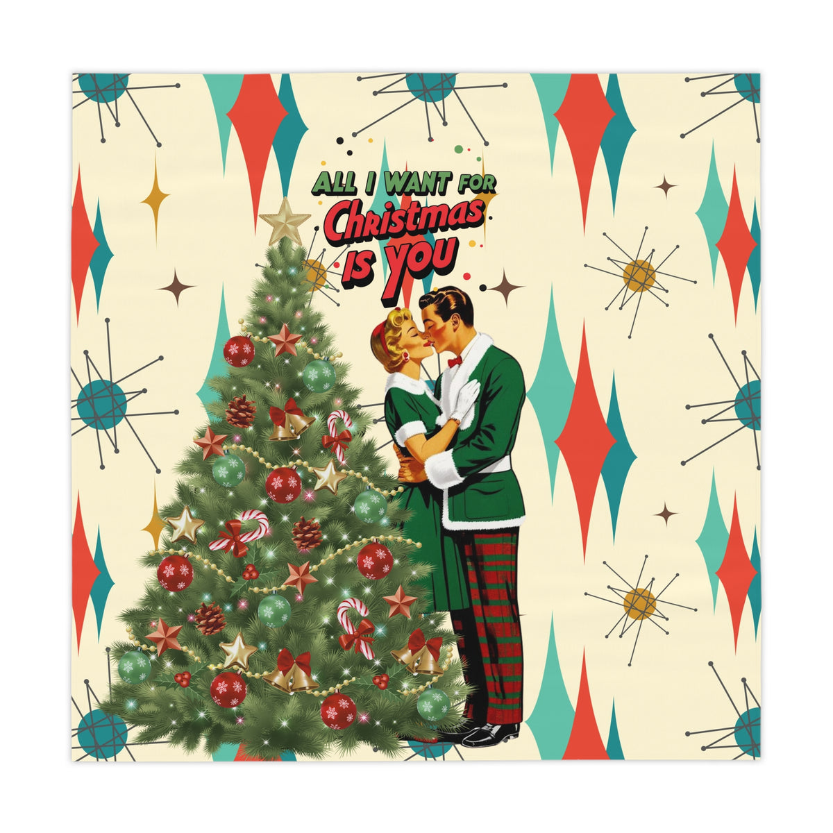 Mid Century Modern Christmas Tablecloth, Franciscan Starburst Pattern "All I Want for Christmas is You" Holiday Decor - Mid Century Modern Gal