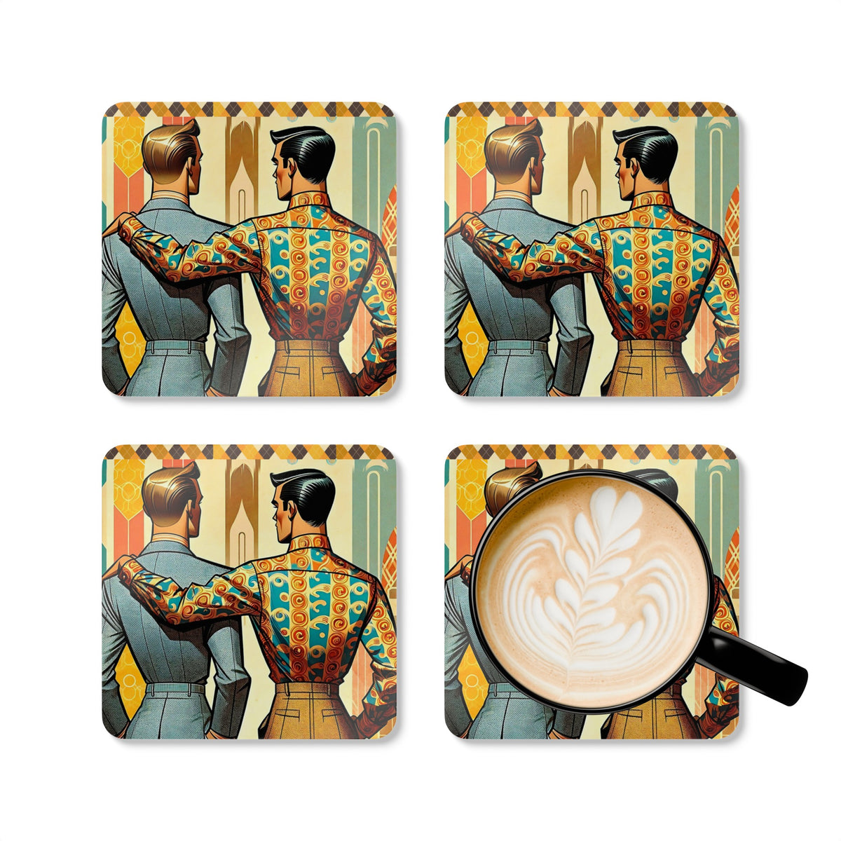 Mid Century Modern Tabletop Gentleman Gay Male Couple Kitschy Retro Corkwood Coaster Set - Mid Century Modern Gal