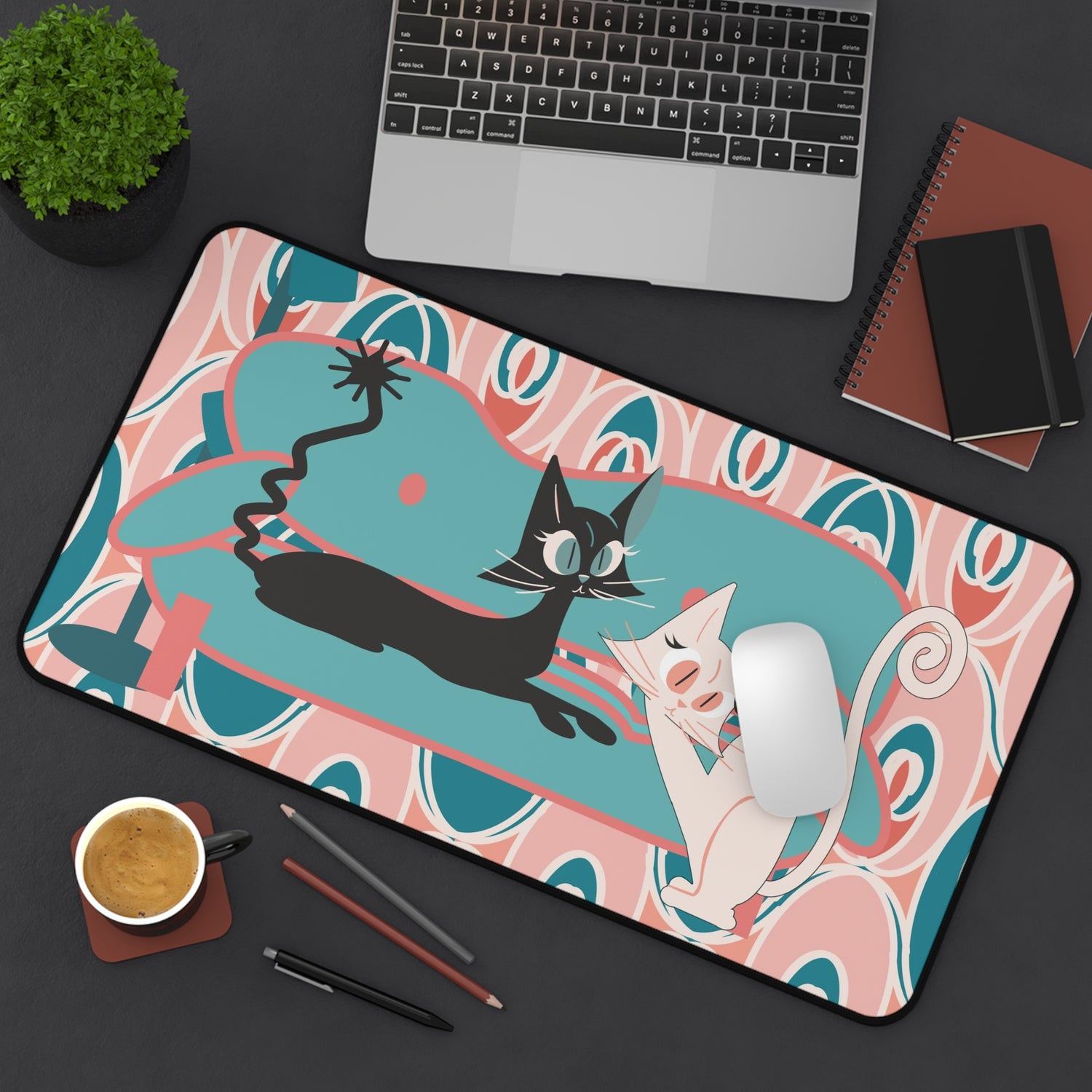 Mid Century Modern Atomic Cat Desk Mat, Pink, Teal, Cute And Kitschy Retro Office Decor - Mid Century Modern Gal