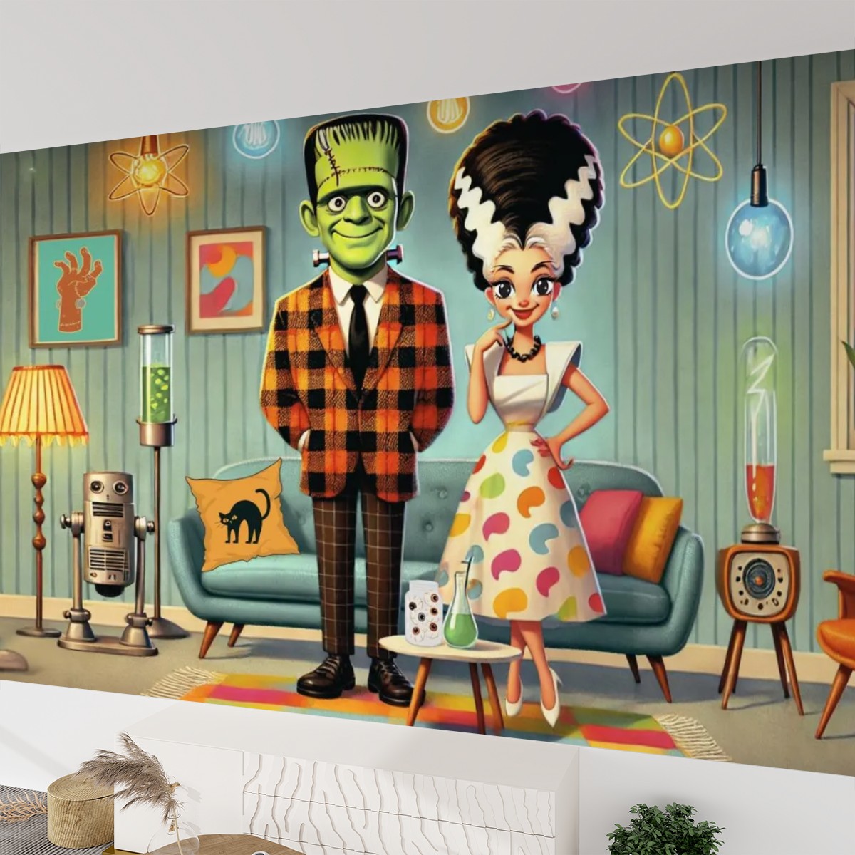 Retro Frankenstein And Bride Kitschy Mod Peel And Stick Wallpaper - Mid Century Modern Gal