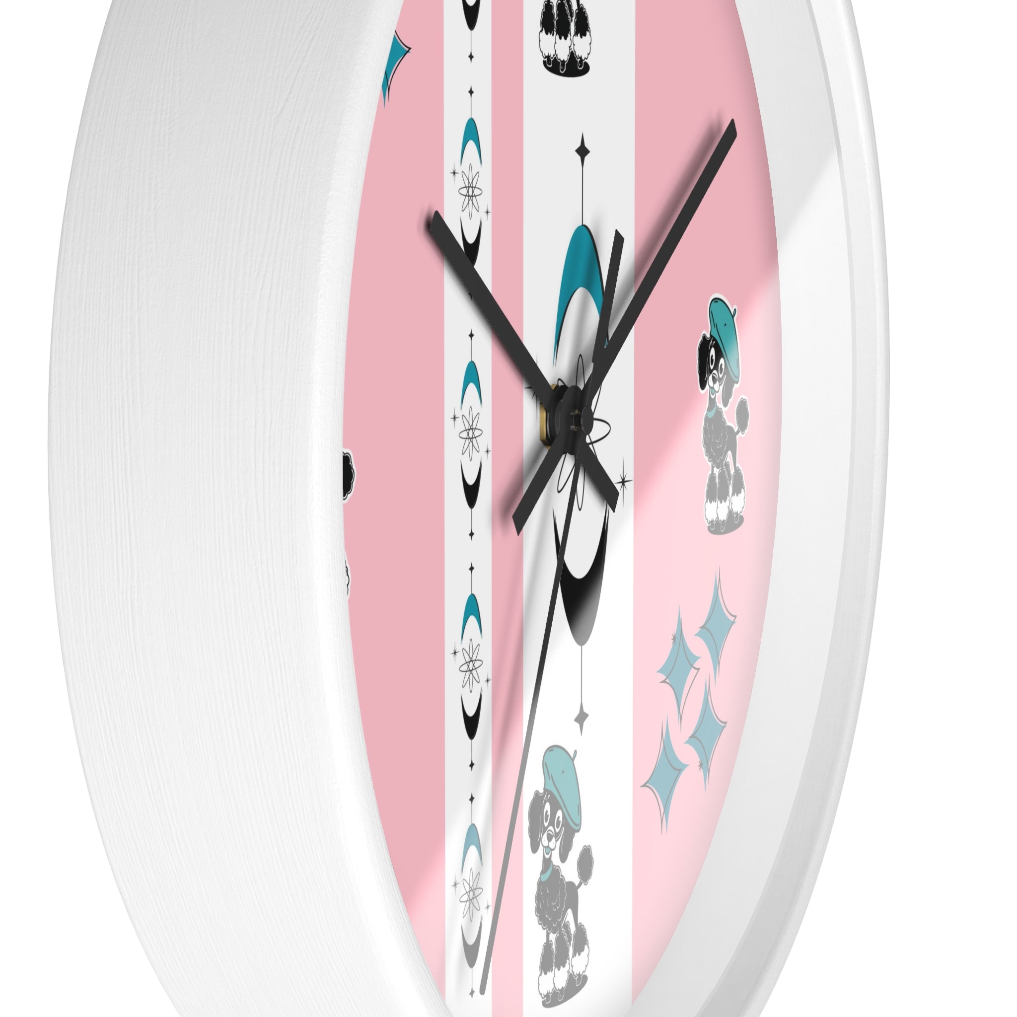 Mid Century Modern Atomic Pink Starburst Wall Clock with Cute Retro Mod Poodle Design - Mid Century Modern Gal