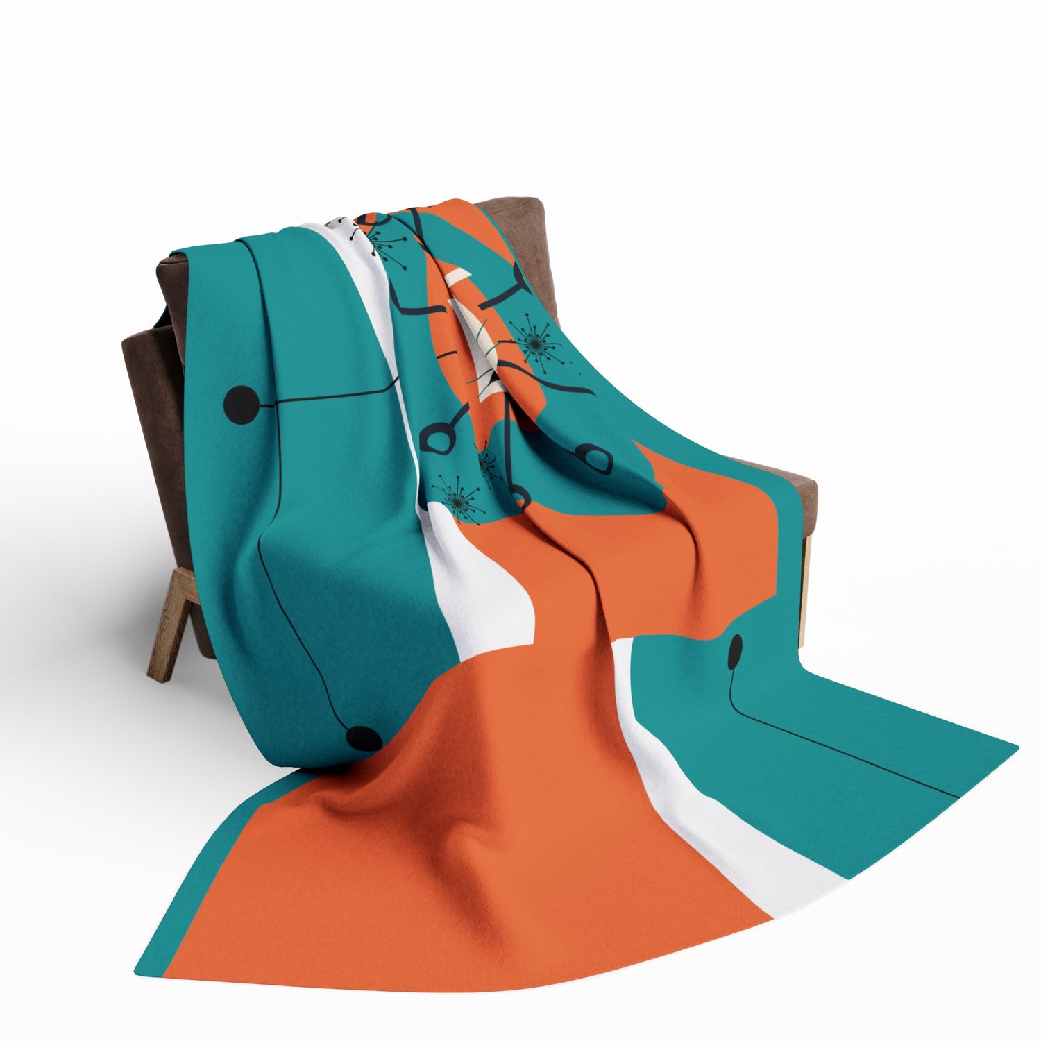 Mid Century Modern Orange Teal Atomic Space Kittie, MCM Lightweight Fleece Blanket - Mid Century Modern Gal