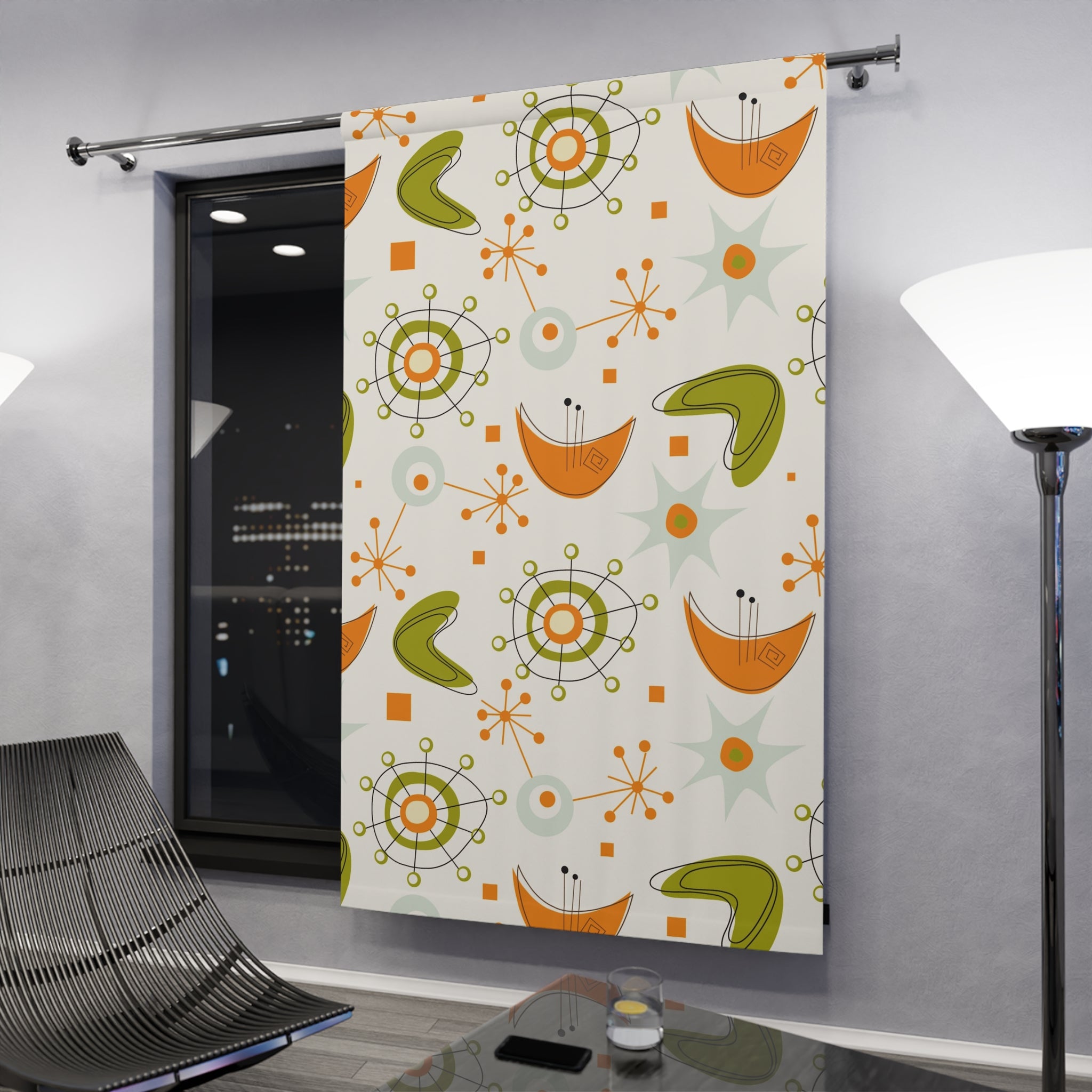 Mid Century Modern Atomic Boomerang Starbursts, Orange Green Retro Modern Window Curtain - Mid Century Modern Gal