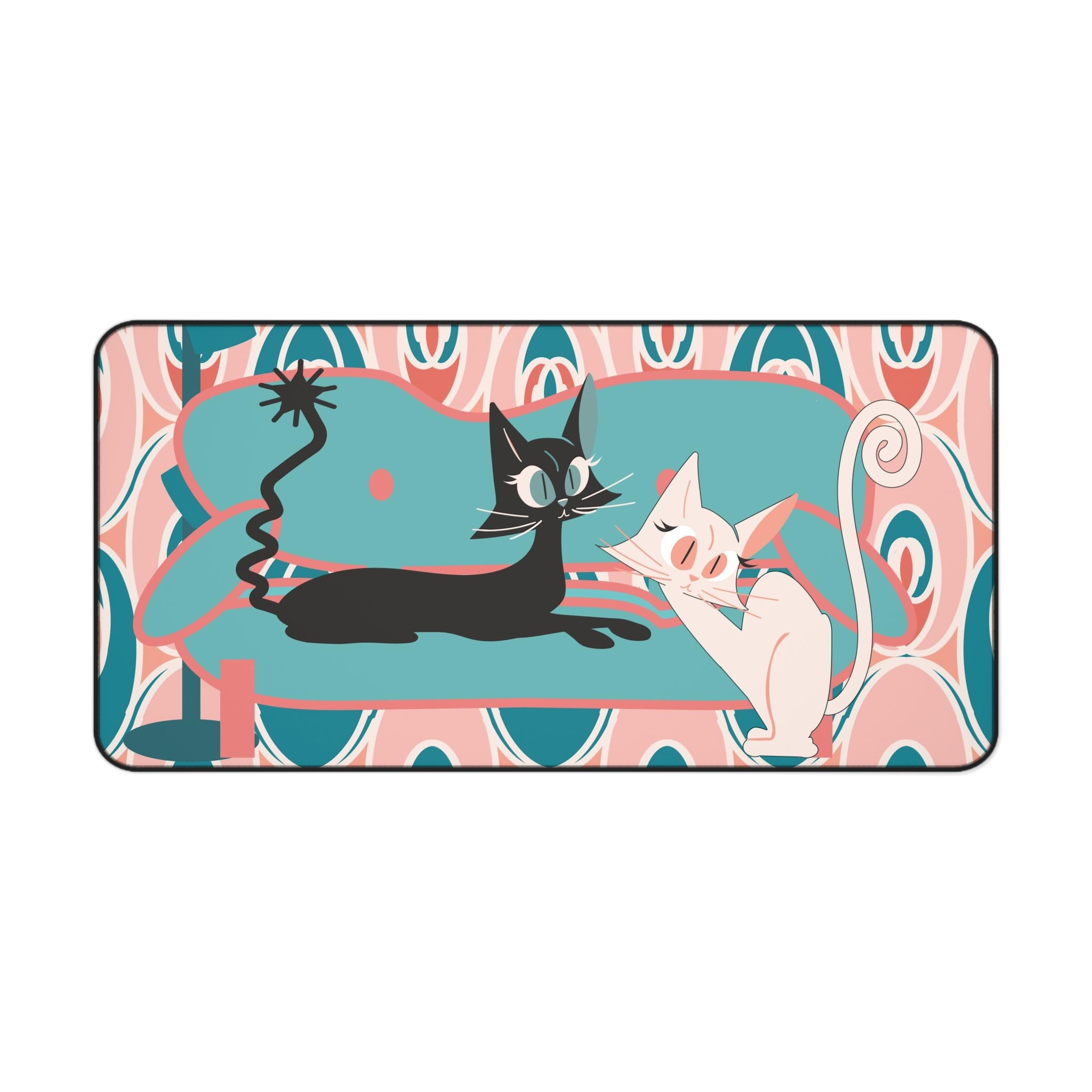 Mid Century Modern Atomic Cat Desk Mat, Pink, Teal, Cute And Kitschy Retro Office Decor - Mid Century Modern Gal