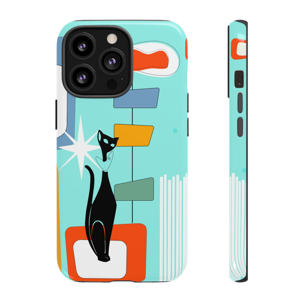 Atomic Cat, Mid Mod Aqua Blue, Geometric, Samsung, Google Pixel, Apple iPhone Tough Cases - Mid Century Modern Gal