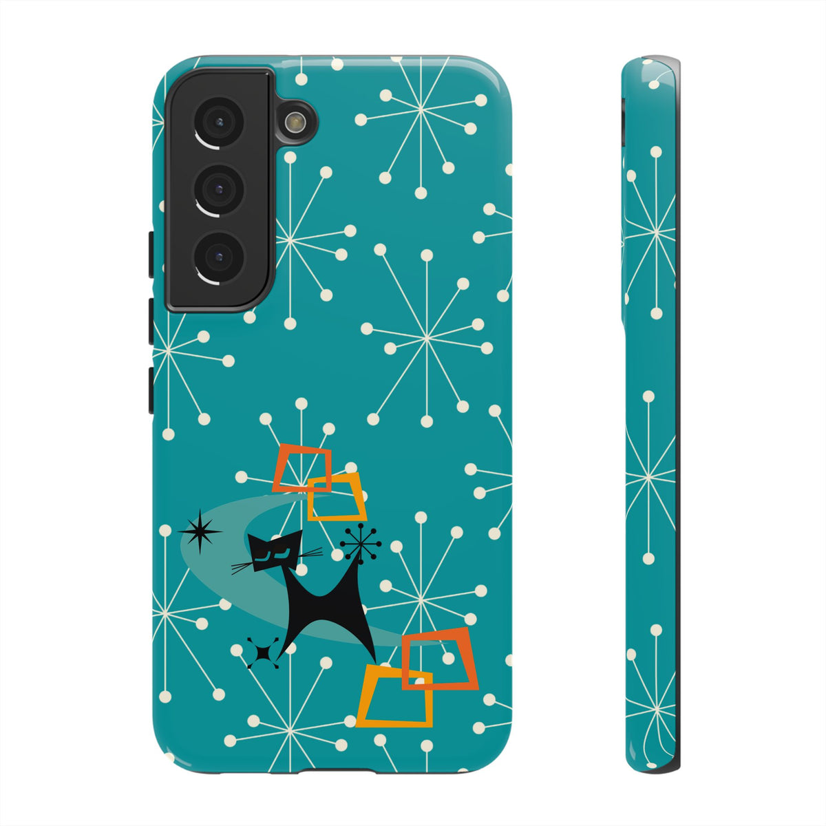 Atomic Space Cat, Starburst Blue, Retro Groovy Smart Phone Tough Phone Cases