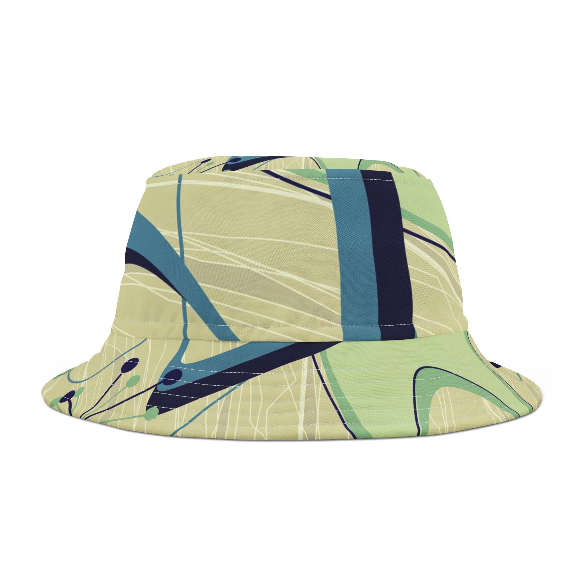 Atomic Space Retro Unisex Bucket Hat, Green, Blue Boomerang Starbursts Mod Hat - Mid Century Modern Gal
