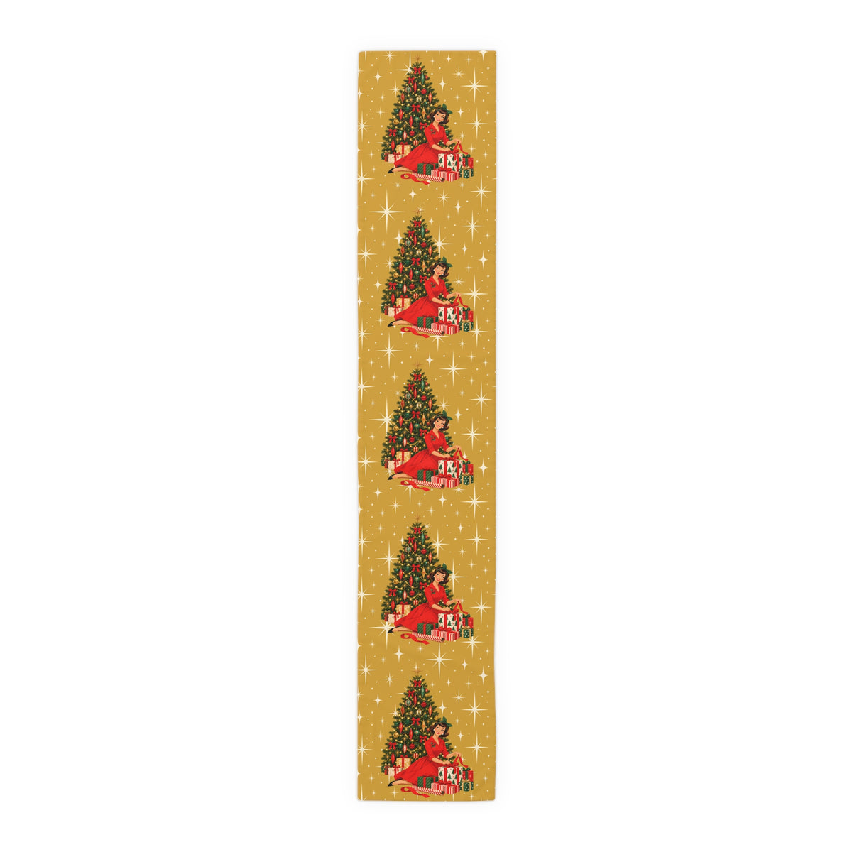 Mid Century Modern Christmas Glamour Gal Wrapping Presents by Tree, Gold Atomic Starbursts Table Runner