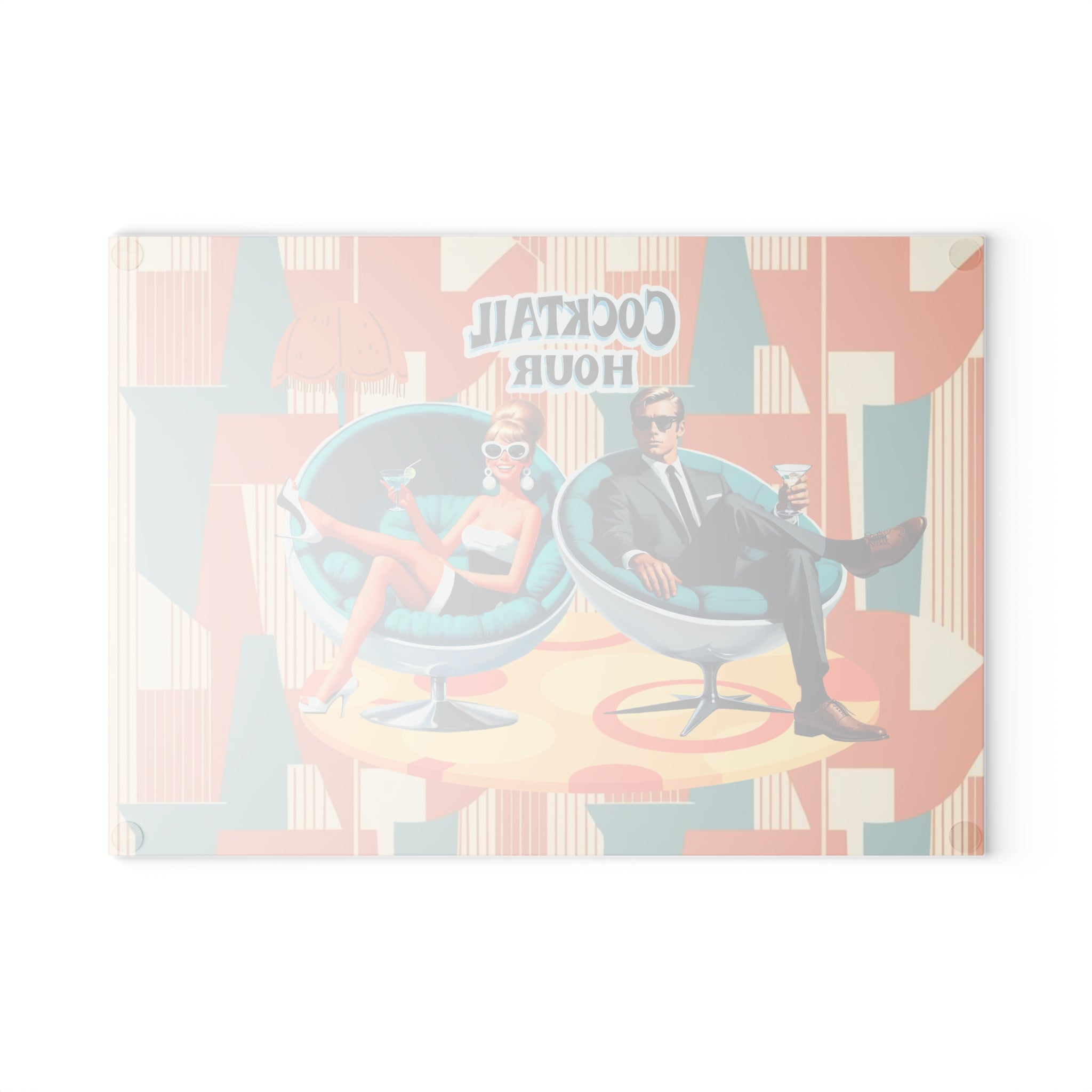 Mid Century Modern Barware Tabletop Glass Cutting Board With Mod 60s Couple,Retro Cocktail Hour - Mid Century Modern Gal