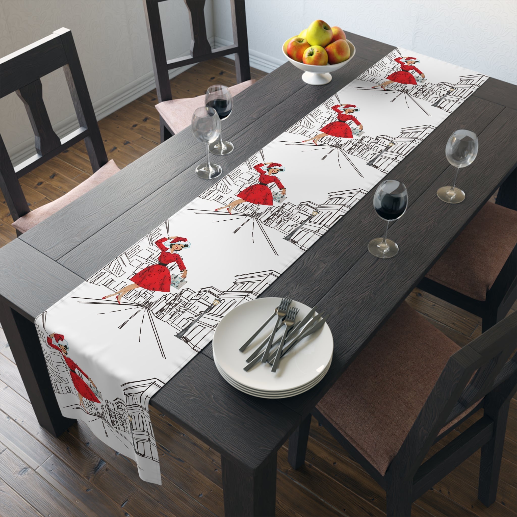 Mid Century Modern Christmas New York City Scape, Mod Gal Vibrant Urban Chic Table Runner - Mid Century Modern Gal