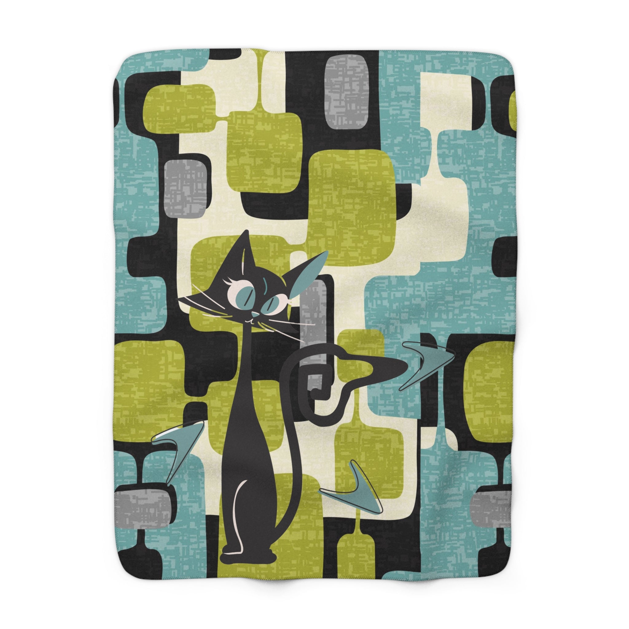 Atomic Cat Blanket, Kitschy Mod Geometric Designed, MCM Sherpa Fleece Blanket - Mid Century Modern Gal