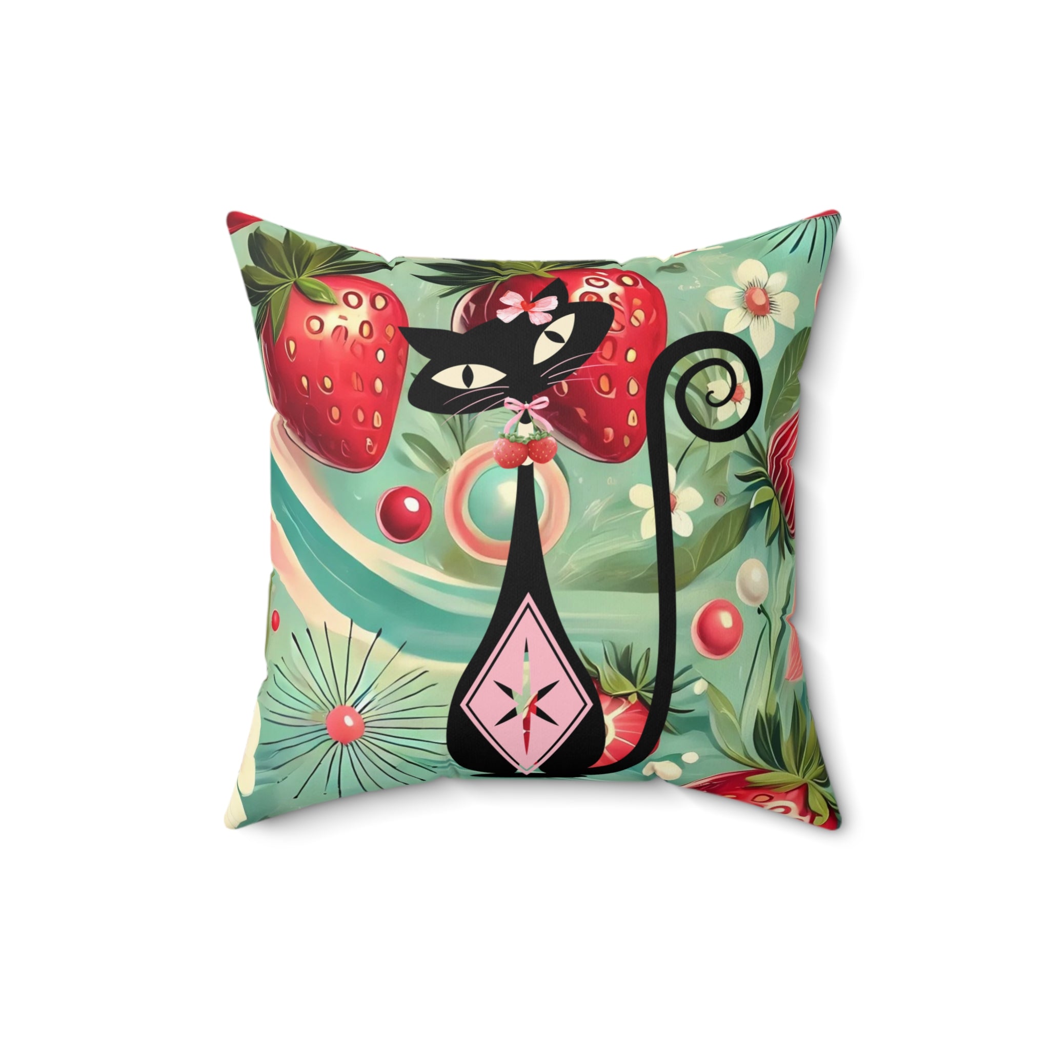 Whimsical Atomic Cat & Strawberry Decorative Pillow - Cozy Home Accent - Mid Century Modern Gal