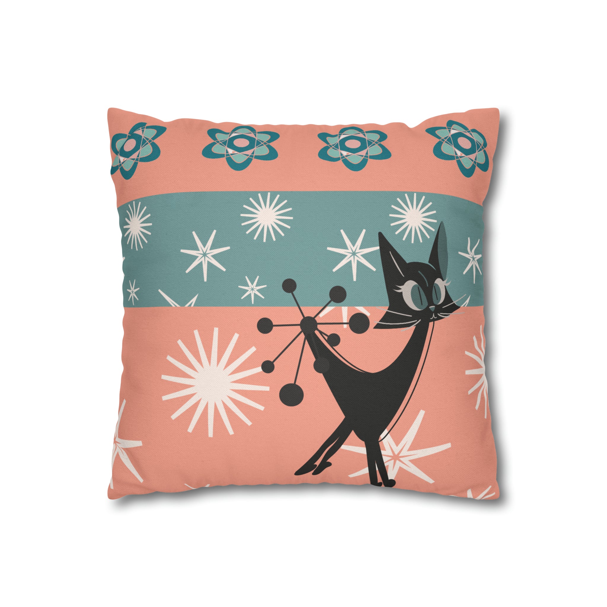 Atomic Kitschy Kittie, Black Cat Lover, Mid Century Modern Boomerang, Retro Coral, Teal, Starburst, 50s Pillow Case Cover - Mid Century Modern Gal