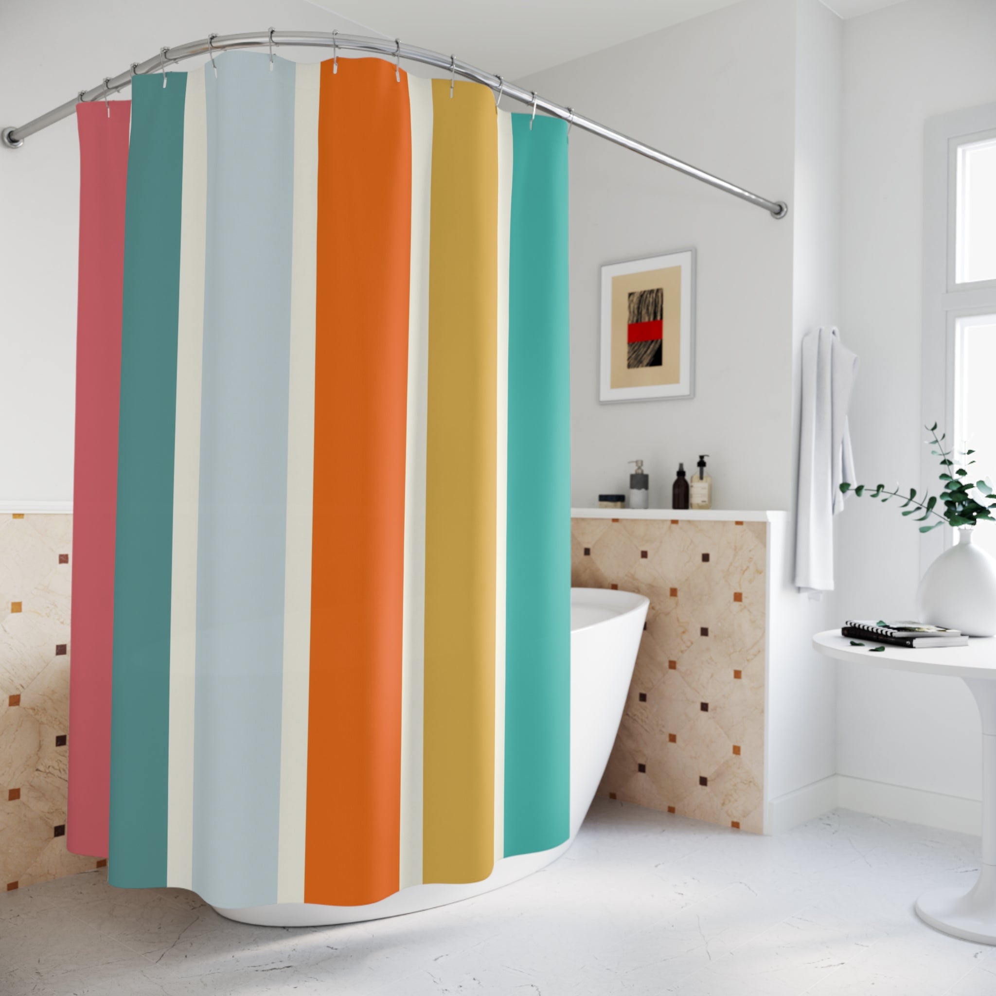 Fruity Stripes Retro Mod Minimalist MCM Colorful Shower Curtain - Mid Century Modern Gal