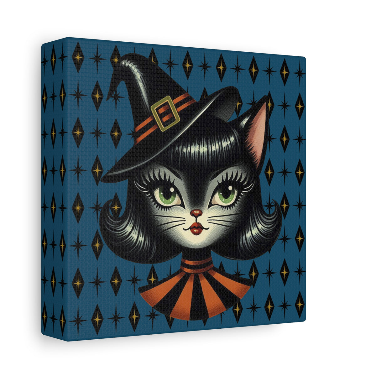 Vintage Halloween Black Cat Sexy Sexton Mid Century Modern Blue Matte Stretched Canvas Wall Art - Mid Century Modern Gal