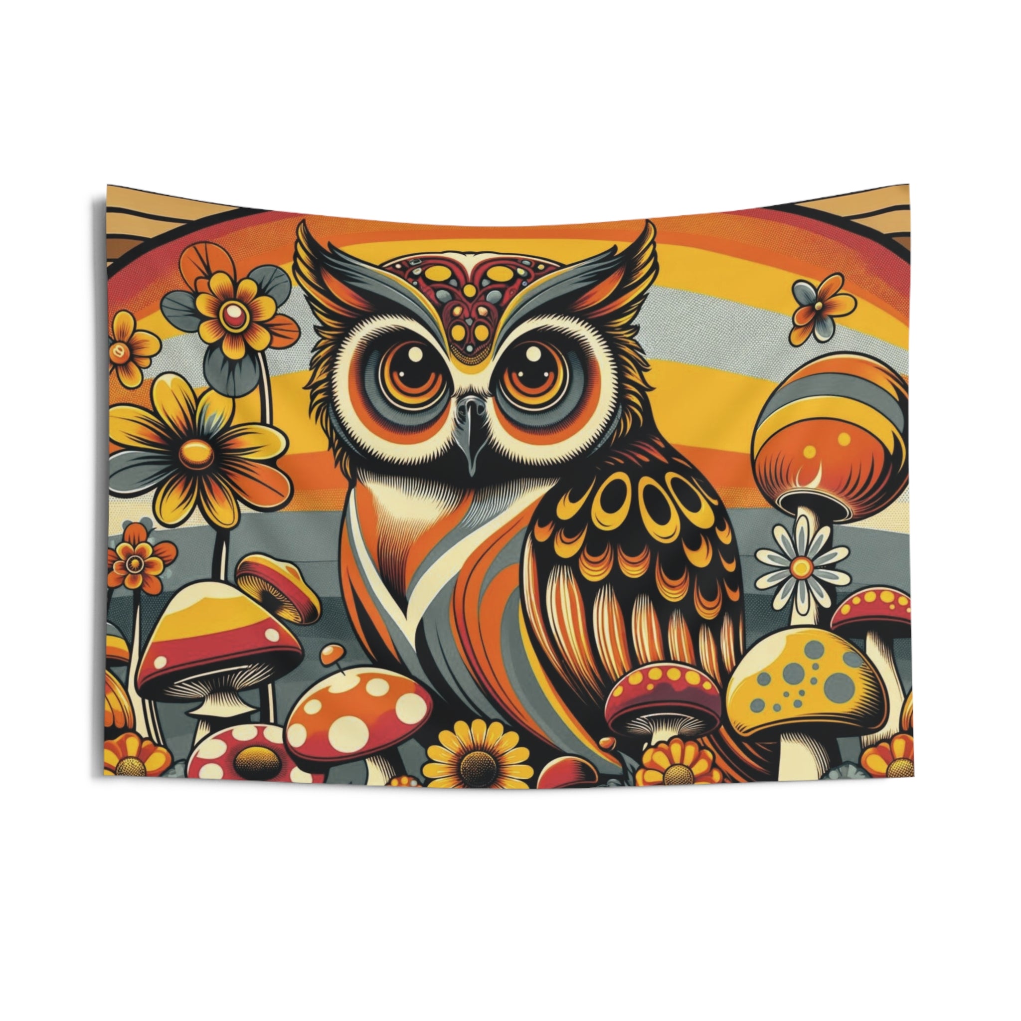 70s Owl Art, Hippie Boho Merry Mushroom, Groovy Brown, Orange, 1970s Home Decor Indoor Wall Tapestries - Mid Century Modern Gal