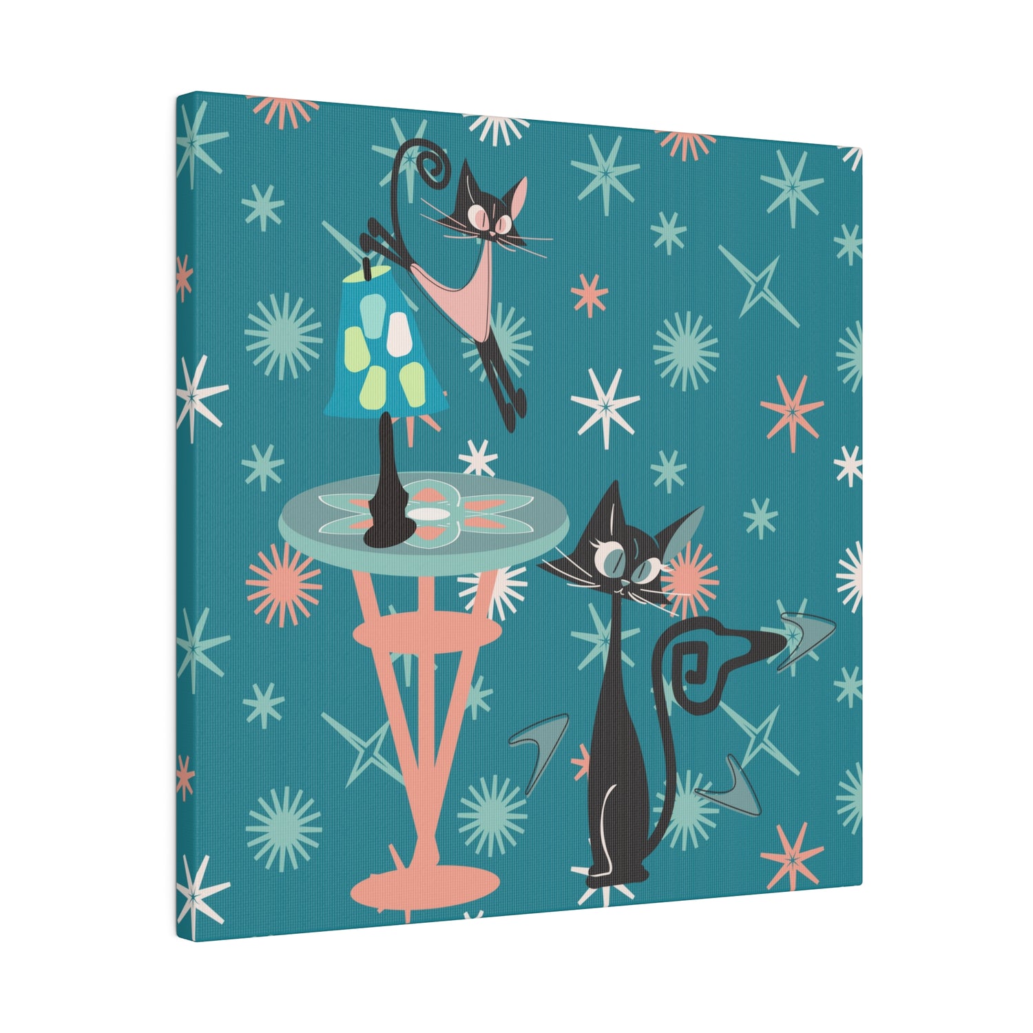 Crazy Atomic Cats, Cat Mom, Kitschy Mid Century Modern Teal Blue, Coral Pink, Mid Century Modern Wall Art - Mid Century Modern Gal