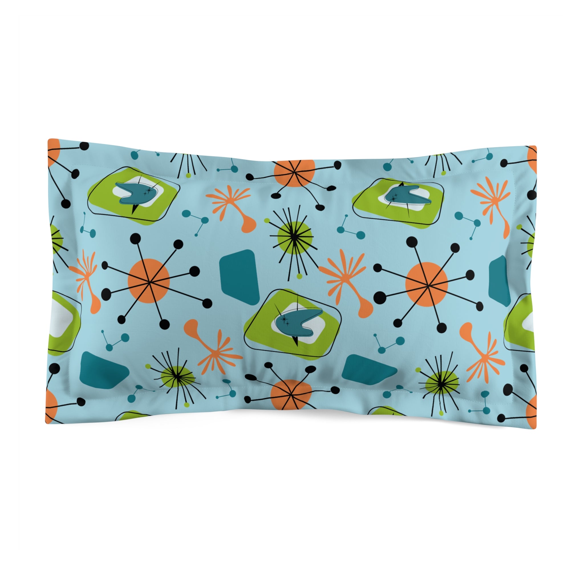 Mid Century Modern Atomic Blue, Orange, Boomerang Starburst Pillow Sham - Mid Century Modern Gal