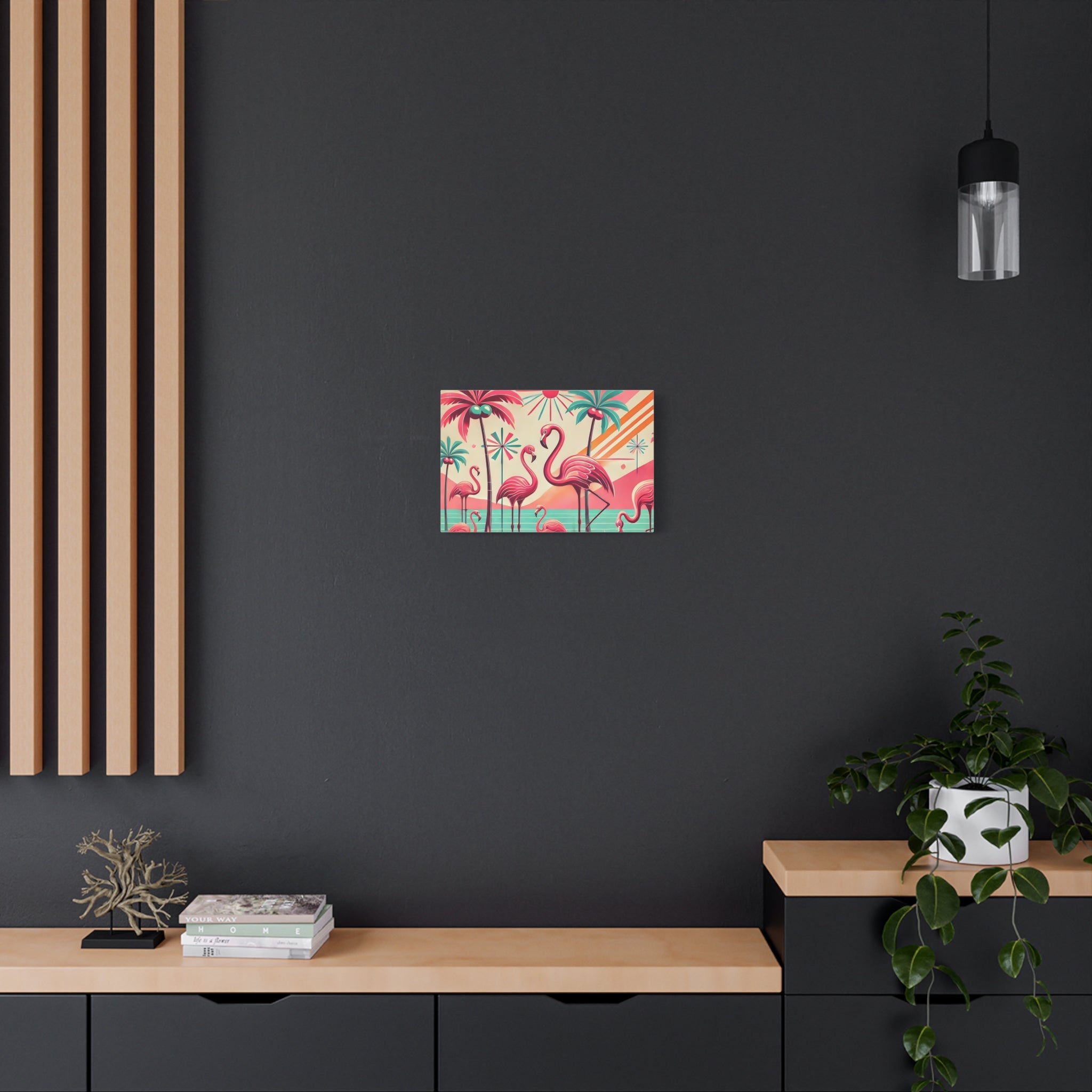 1950s Mid Century Modern Flamingo Art, Kitschy Pink, Teal, MCM Matte Canvas - Mid Century Modern Gal
