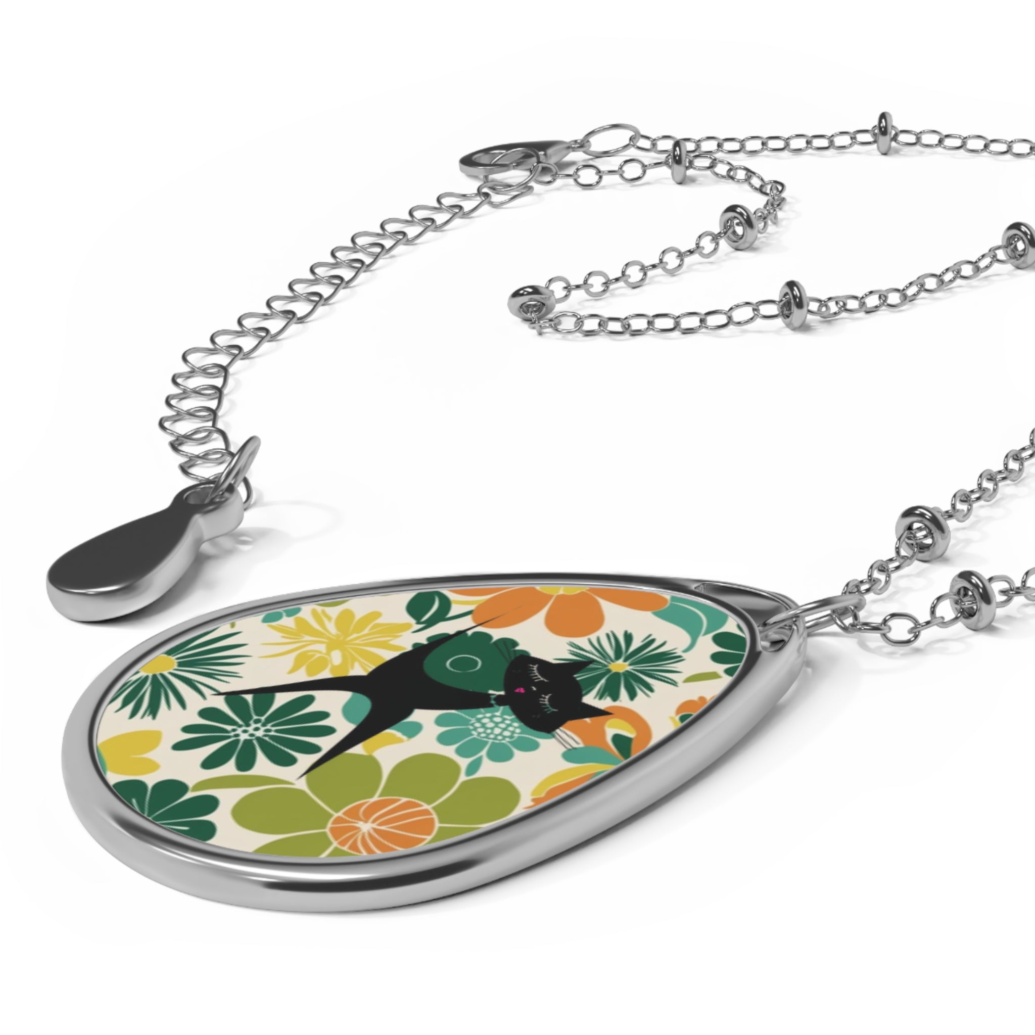 Retro 70s Flower Power Atomic Cat Mid Mod Floral Teardrop Oval Necklace - Mid Century Modern Gal