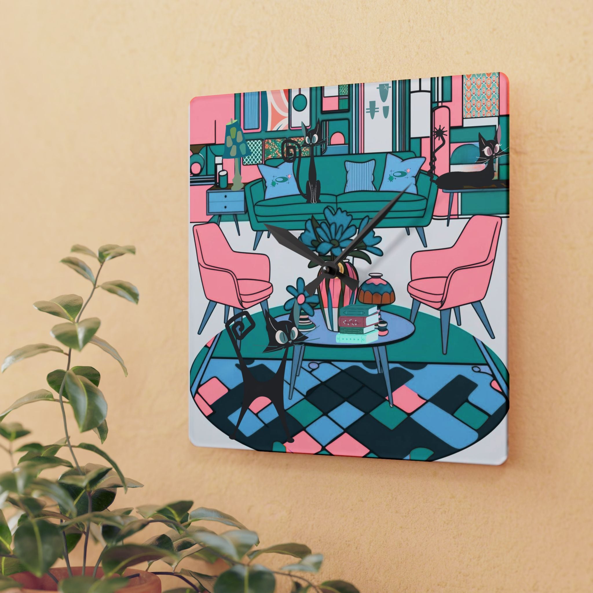 Retro Atomic Lounging Cats Mid Century Modern Kitschy Fun Wall Clock