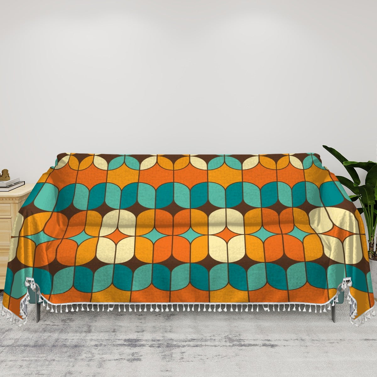 Retro Style Couch Cover, Mid Century Modern Geometric Orange, Teal Blanket Couch Cover - Mid Century Modern Gal