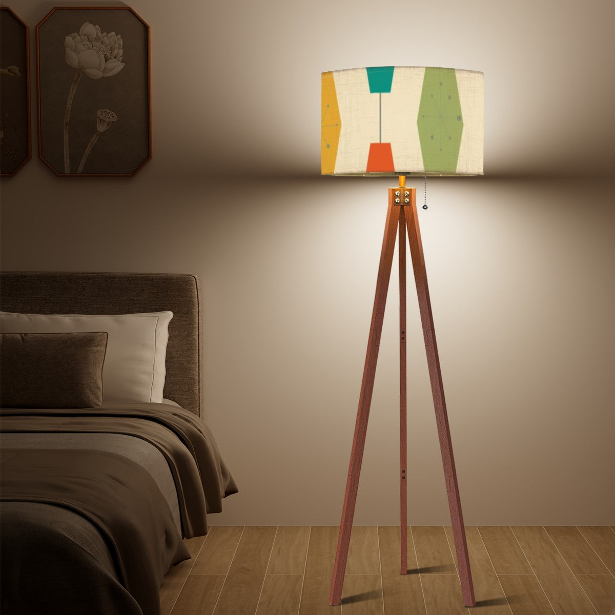 Mid Century Modern Wood Tripod Floor Lamp, Geometric Lantern Starburst Design - Mid Century Modern Gal