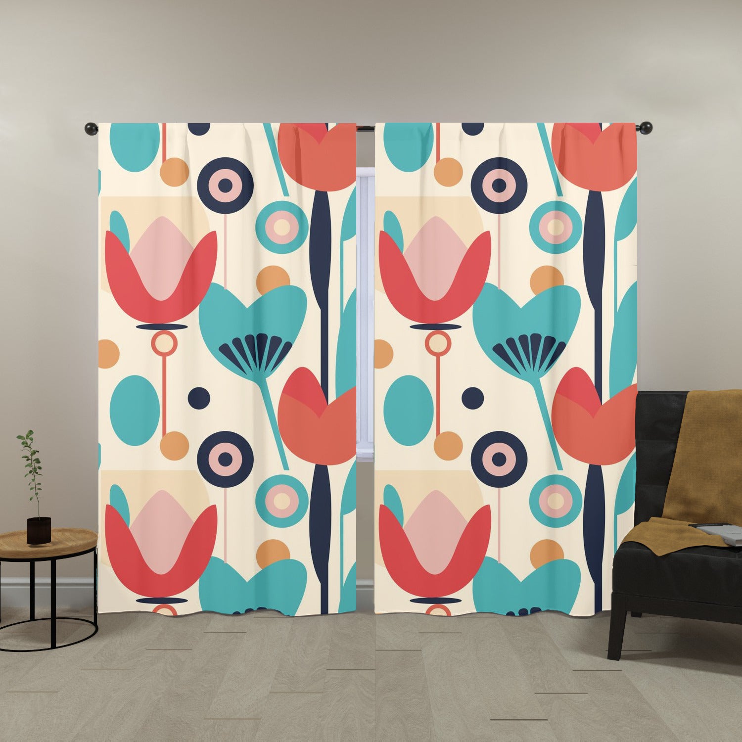 Retro Scandinavian Floral Mid Mod Window Curtains (two panels) - Mid Century Modern Gal