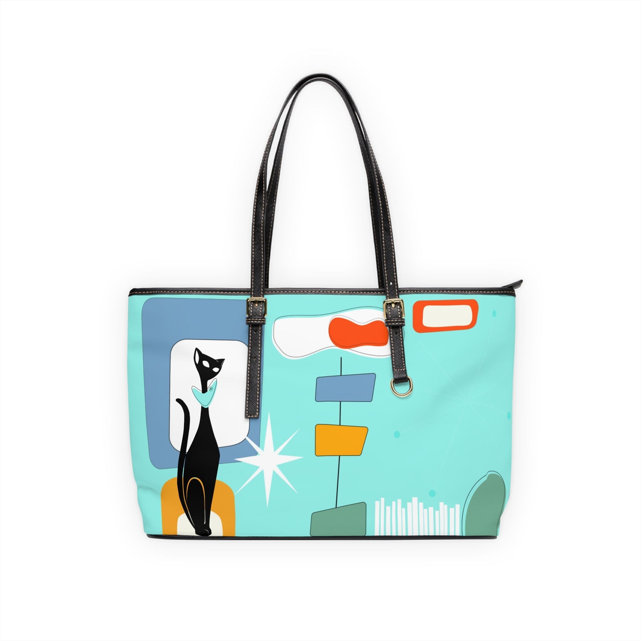 Atomic Cat, Aqua Blue, Mid Century Modern Funky Fun, Retro Shoulder Bag Bags 17" x 11" / Black