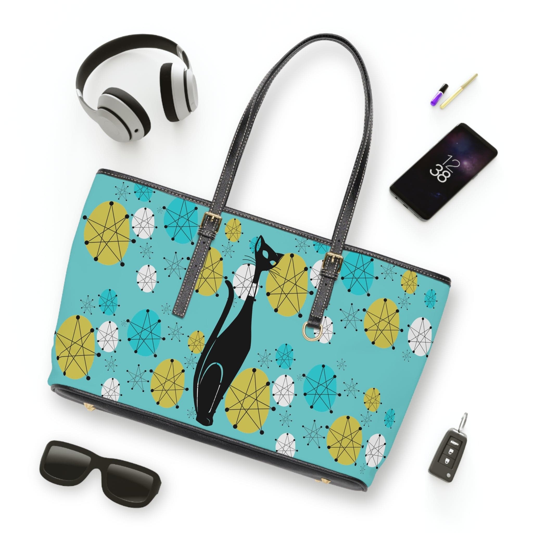 Atomic Cat Designed Aqua Blue, Franciscan Starburst, Kitschy Fun Shoulder Bag Bags 17" x 11" / Black